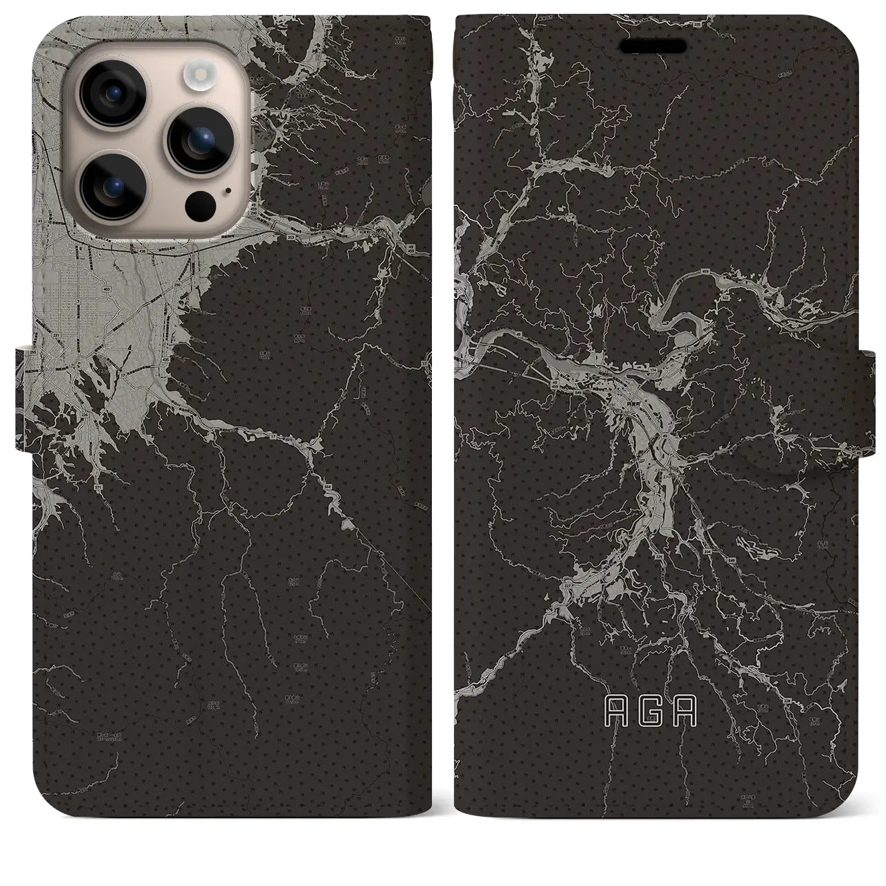 【阿賀(新潟県)】地図柄iPhoneケース(手帳タイプ)モノトーン・iPhone 16 Plus 用