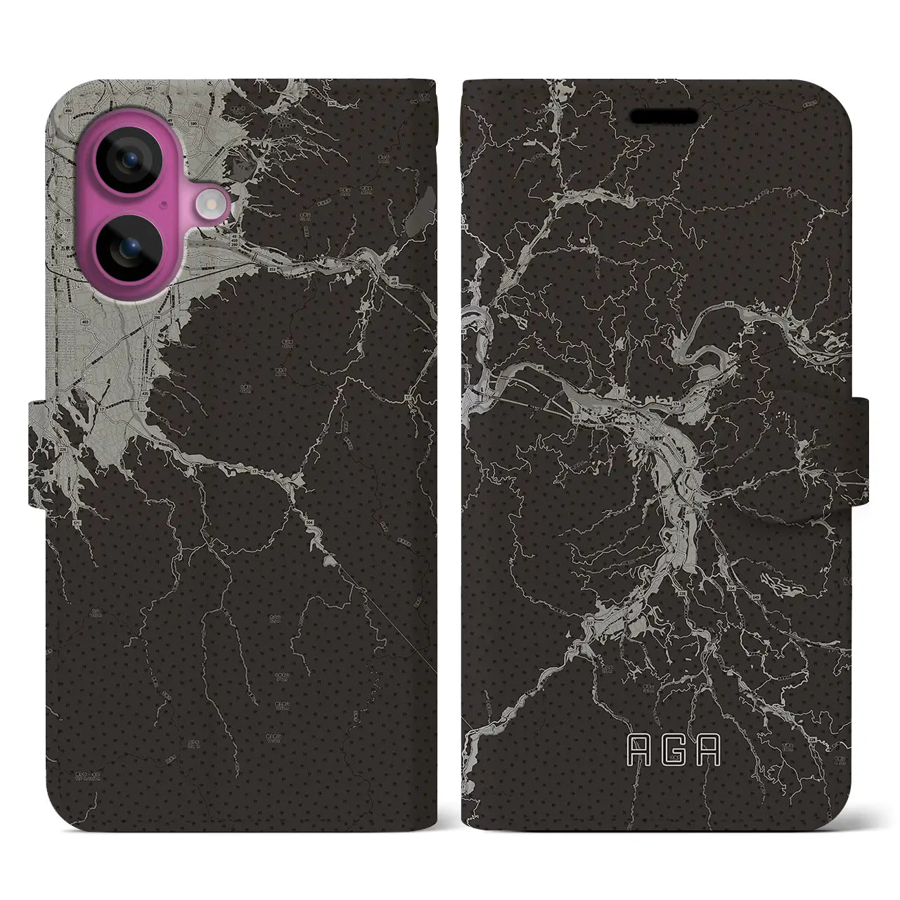 【阿賀(新潟県)】地図柄iPhoneケース(手帳タイプ)モノトーン・iPhone 16 Pro 用