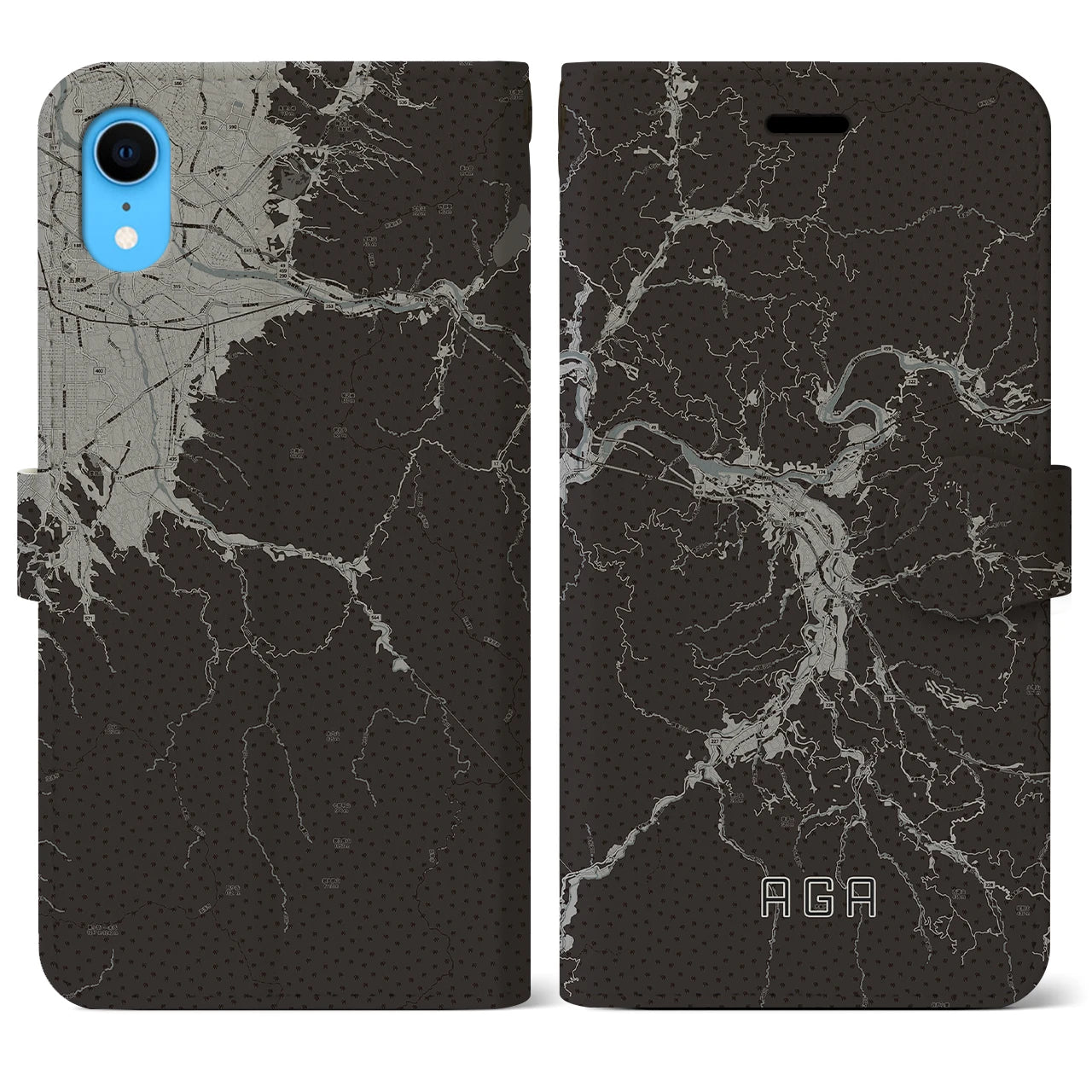 【阿賀(新潟県)】地図柄iPhoneケース(手帳タイプ)モノトーン・iPhone XR 用