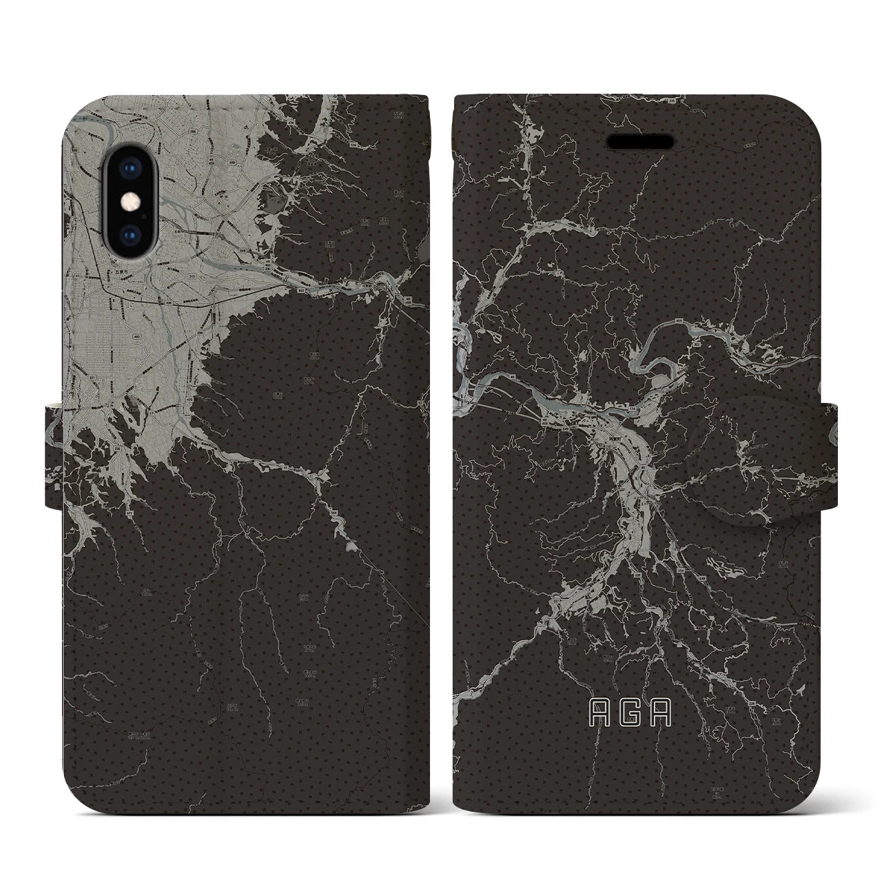 【阿賀(新潟県)】地図柄iPhoneケース(手帳タイプ)モノトーン・iPhone XS / X 用