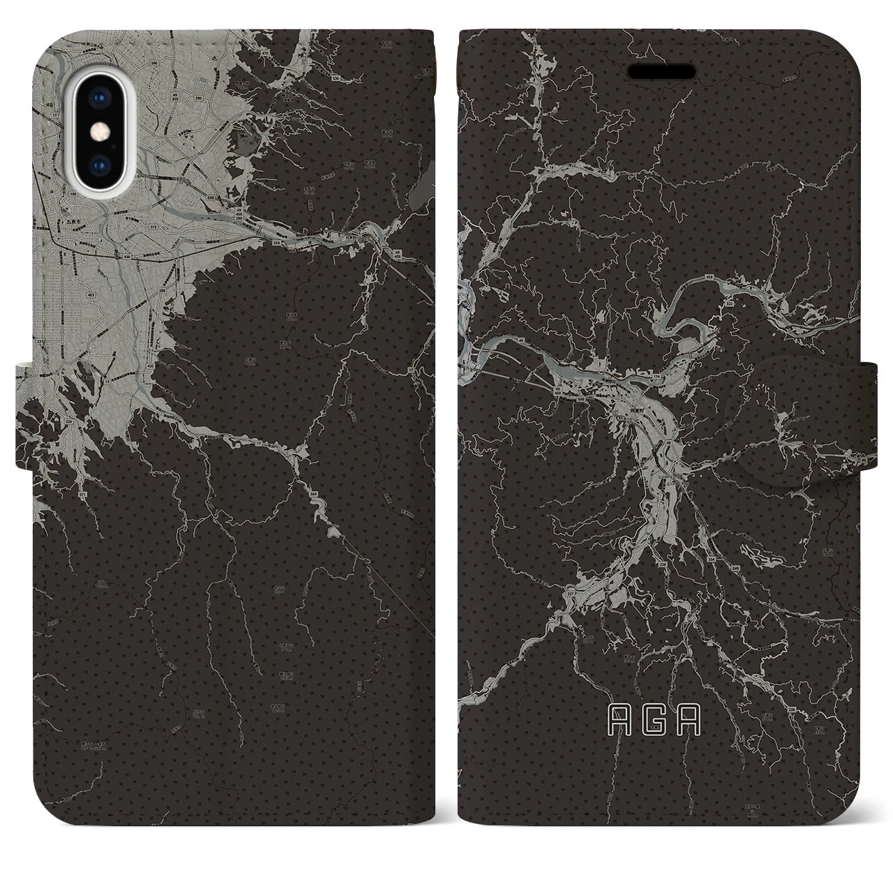 【阿賀(新潟県)】地図柄iPhoneケース(手帳タイプ)モノトーン・iPhone XS Max 用