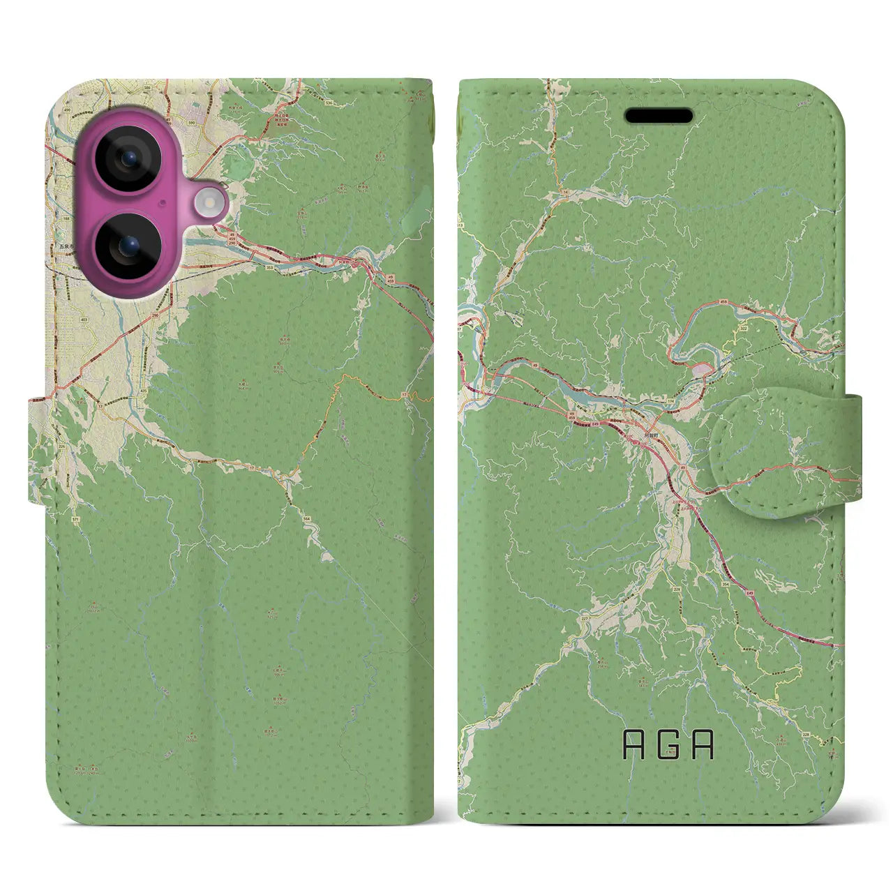 【阿賀(新潟県)】地図柄iPhoneケース(手帳タイプ)ナチュラル・iPhone 16 Pro 用