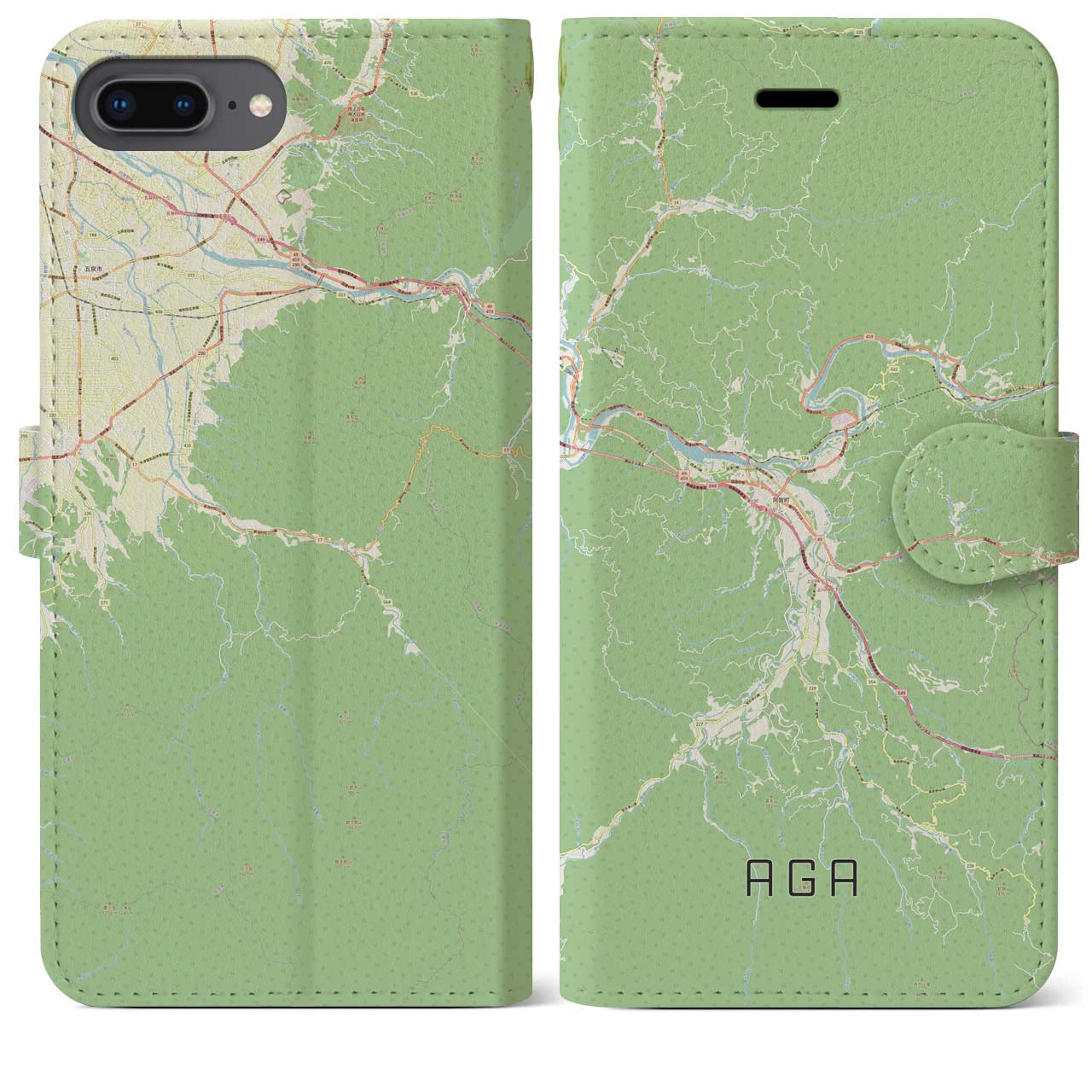 【阿賀(新潟県)】地図柄iPhoneケース(手帳タイプ)ナチュラル・iPhone 8Plus /7Plus / 6sPlus / 6Plus 用