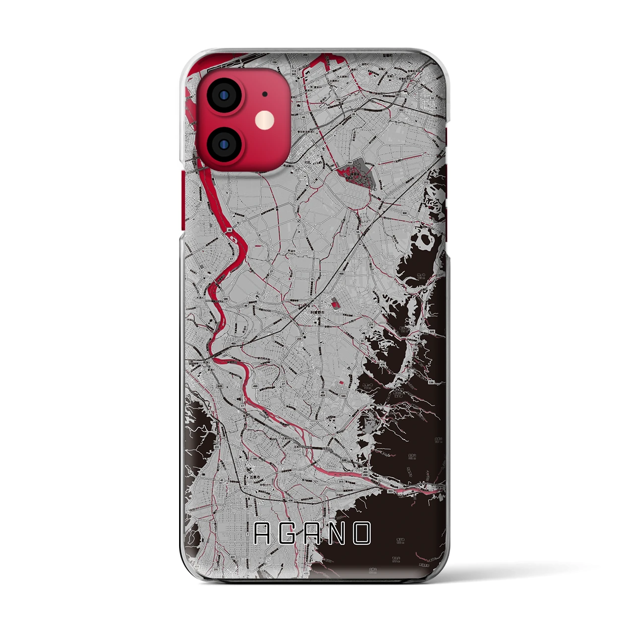【阿賀野(新潟県)】地図柄iPhoneケース(クリアタイプ)モノトーン・iPhone 11 用