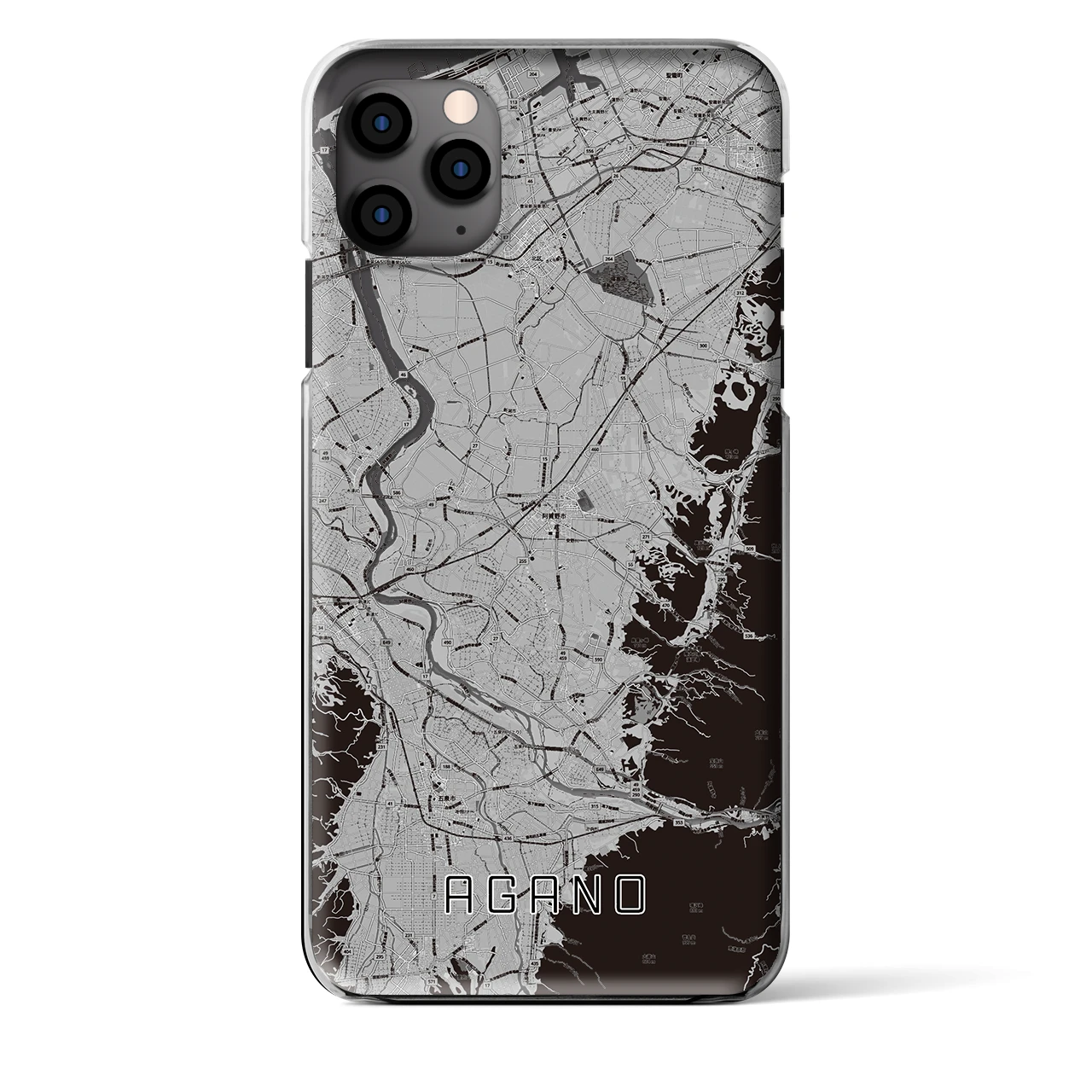 【阿賀野(新潟県)】地図柄iPhoneケース(クリアタイプ)モノトーン・iPhone 11 Pro Max 用