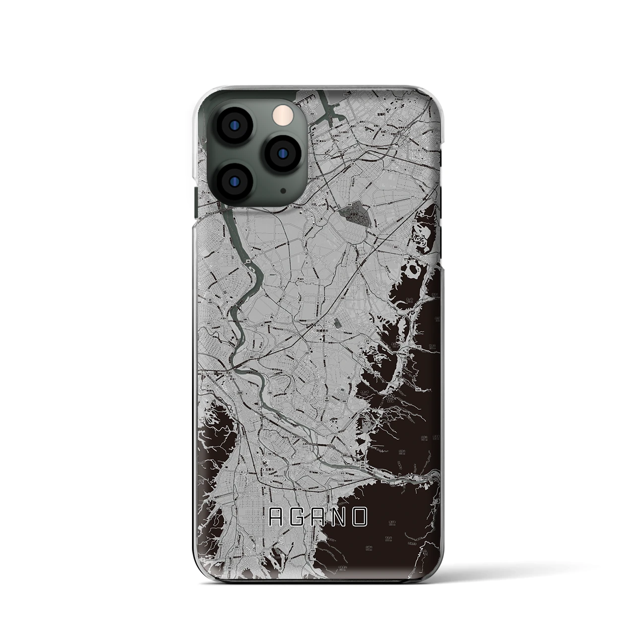 【阿賀野(新潟県)】地図柄iPhoneケース(クリアタイプ)モノトーン・iPhone 11 Pro 用