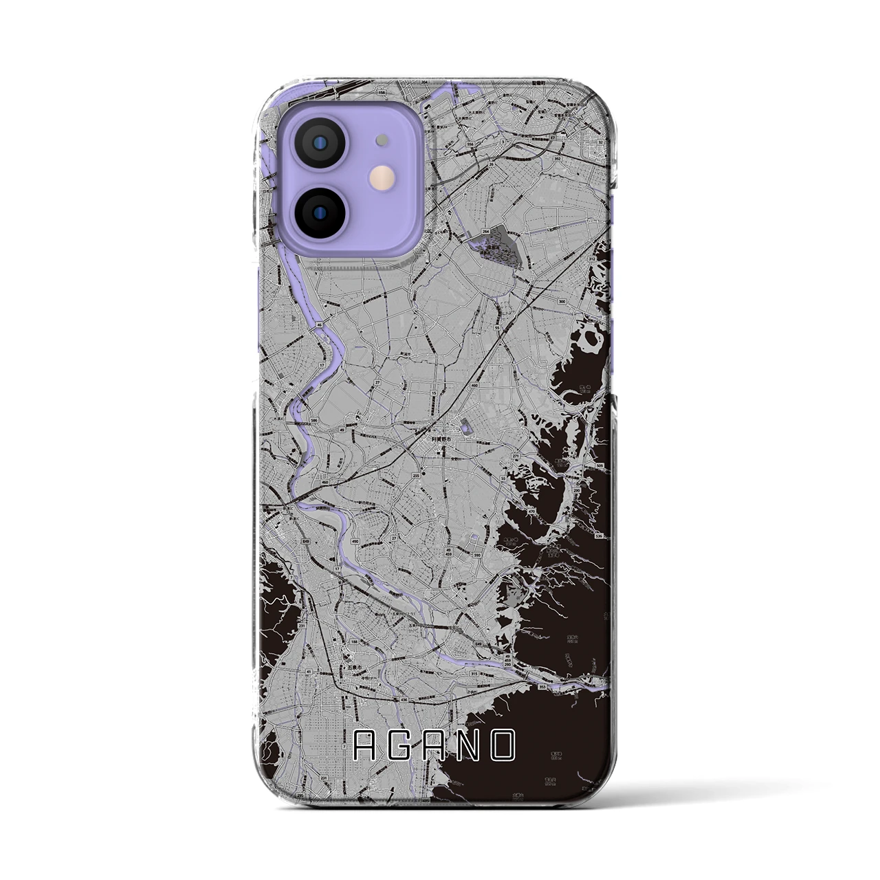 【阿賀野(新潟県)】地図柄iPhoneケース(クリアタイプ)モノトーン・iPhone 12 / 12 Pro 用