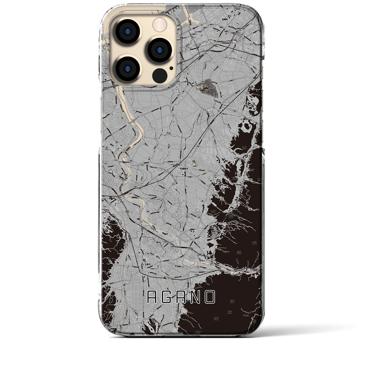【阿賀野(新潟県)】地図柄iPhoneケース(クリアタイプ)モノトーン・iPhone 12 Pro Max 用