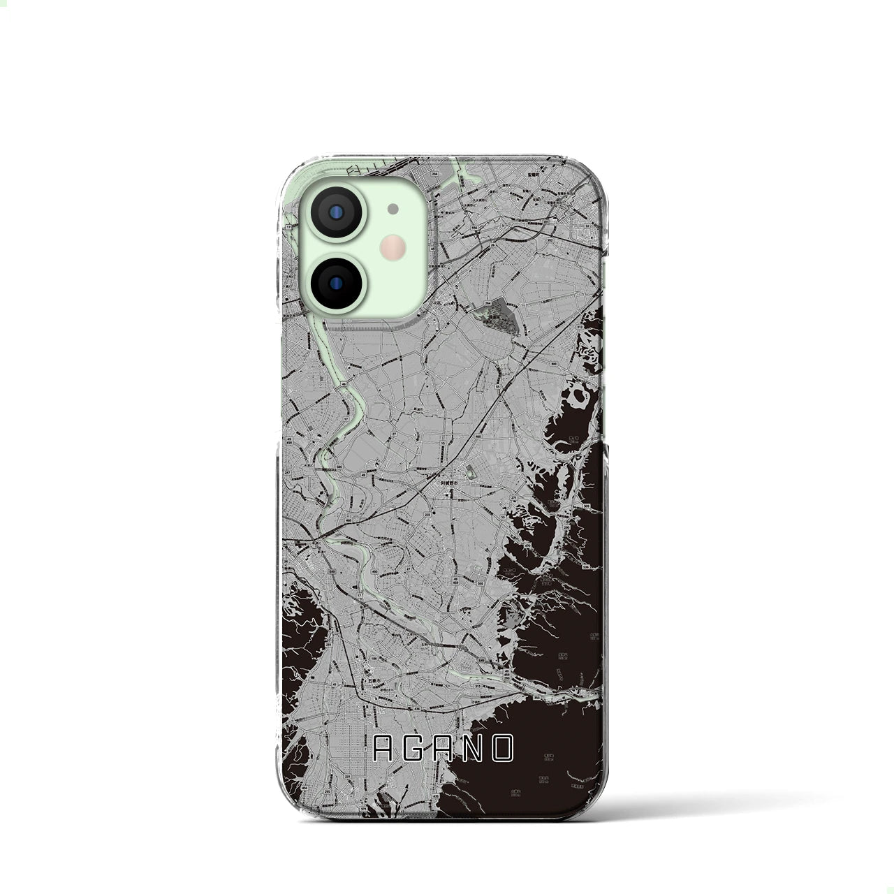 【阿賀野(新潟県)】地図柄iPhoneケース(クリアタイプ)モノトーン・iPhone 12 mini 用