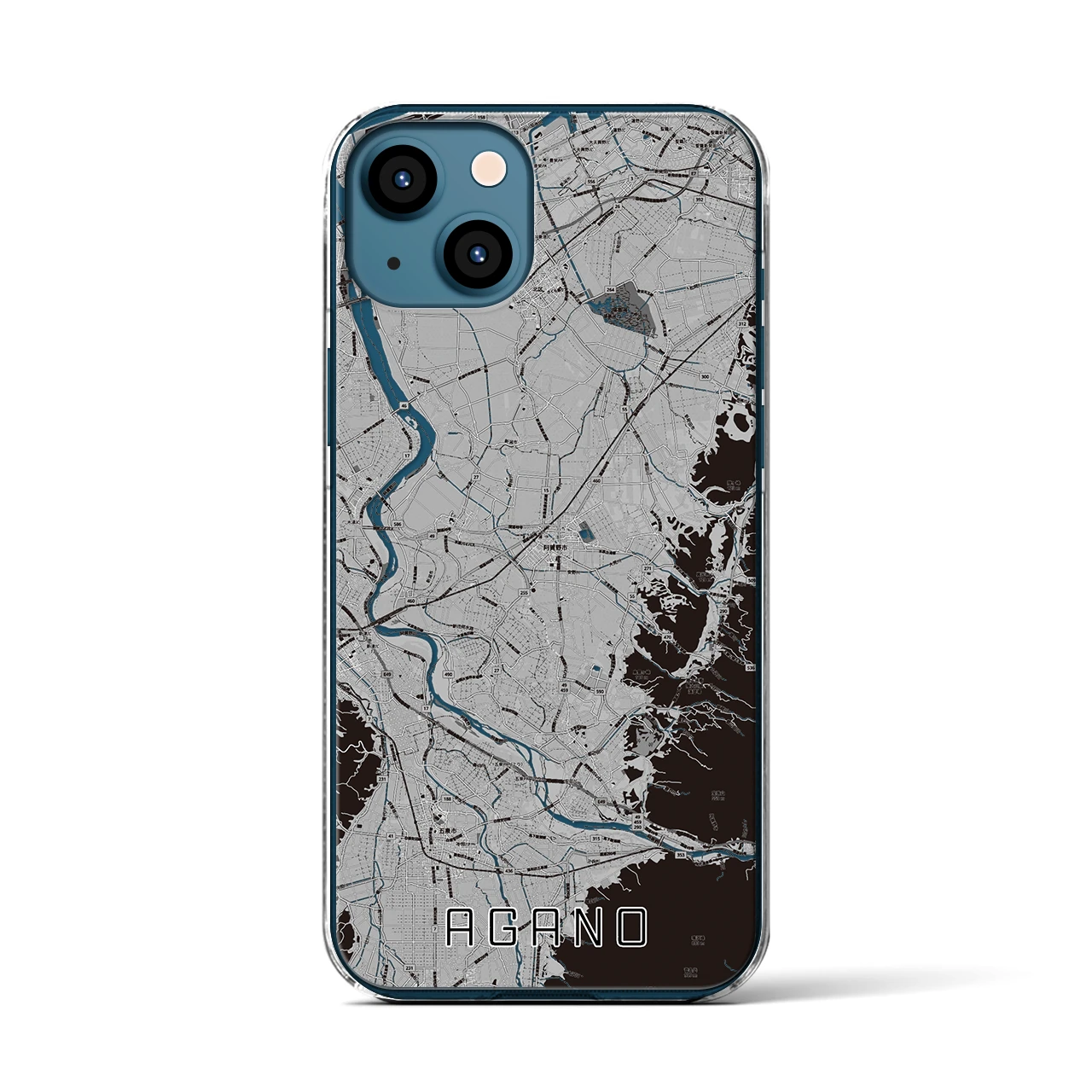 【阿賀野(新潟県)】地図柄iPhoneケース(クリアタイプ)モノトーン・iPhone 13 用