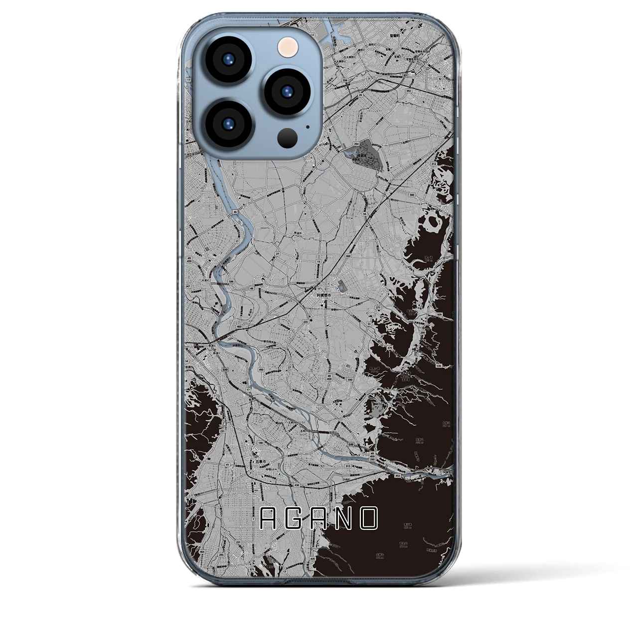 【阿賀野(新潟県)】地図柄iPhoneケース(クリアタイプ)モノトーン・iPhone 13 Pro Max 用