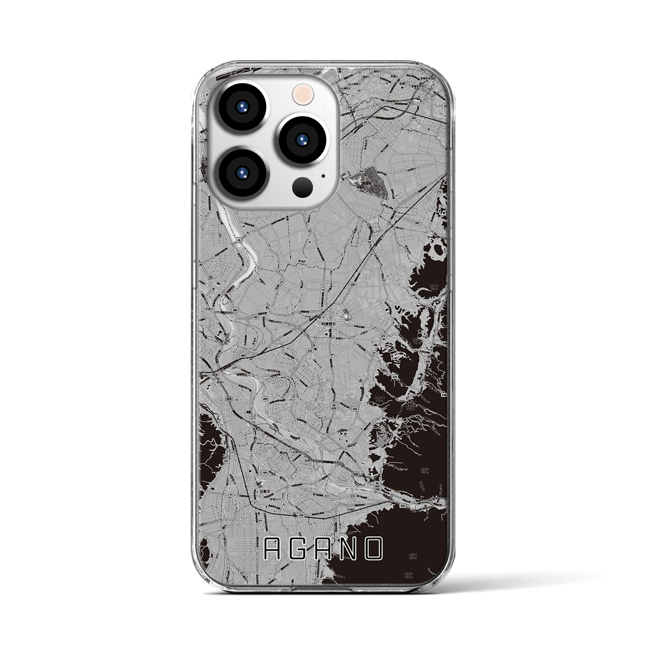 【阿賀野(新潟県)】地図柄iPhoneケース(クリアタイプ)モノトーン・iPhone 13 Pro 用