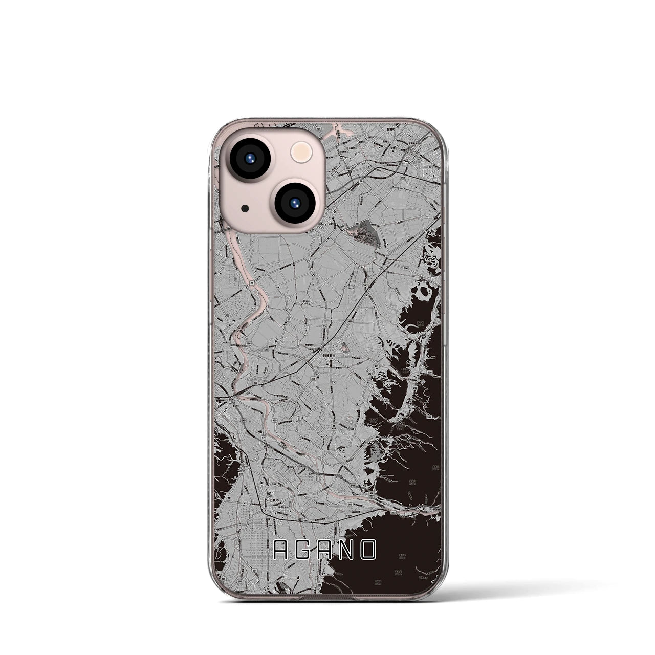【阿賀野(新潟県)】地図柄iPhoneケース(クリアタイプ)モノトーン・iPhone 13 mini 用