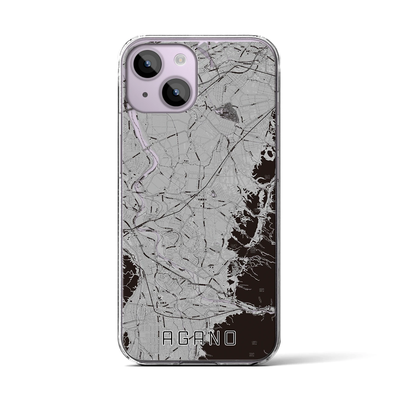 【阿賀野(新潟県)】地図柄iPhoneケース(クリアタイプ)モノトーン・iPhone 14 用