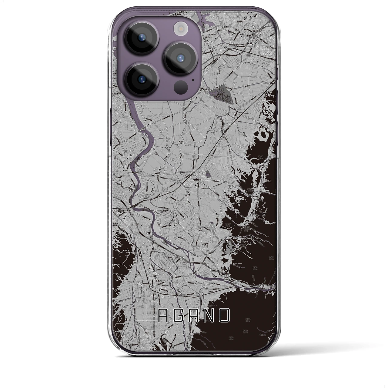 【阿賀野(新潟県)】地図柄iPhoneケース(クリアタイプ)モノトーン・iPhone 14 Pro Max 用