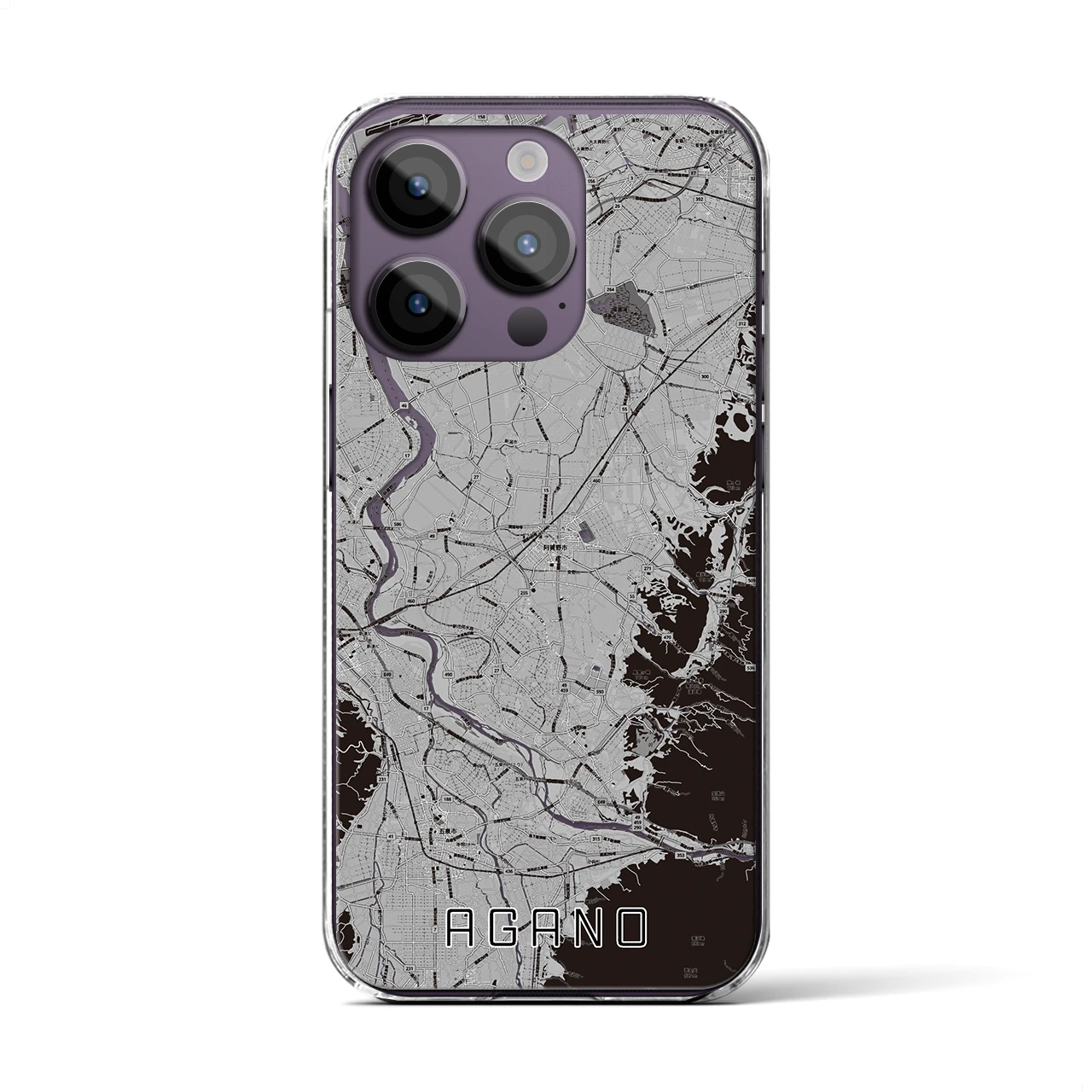 【阿賀野(新潟県)】地図柄iPhoneケース(クリアタイプ)モノトーン・iPhone 14 Pro 用
