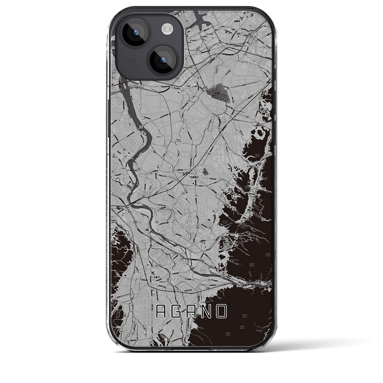 【阿賀野(新潟県)】地図柄iPhoneケース(クリアタイプ)モノトーン・iPhone 14 Plus 用