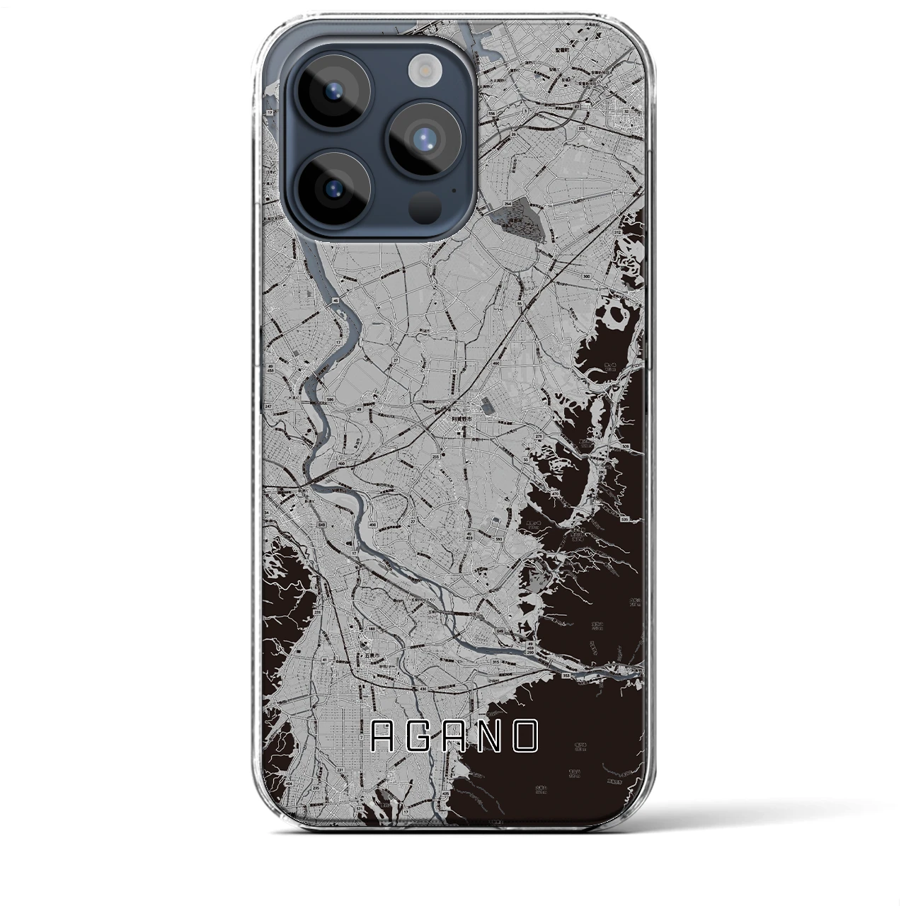 【阿賀野(新潟県)】地図柄iPhoneケース(クリアタイプ)モノトーン・iPhone 15 Pro Max 用