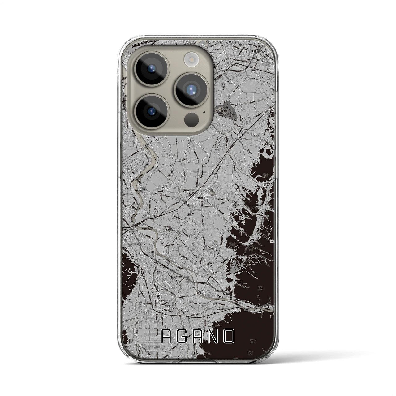 【阿賀野(新潟県)】地図柄iPhoneケース(クリアタイプ)モノトーン・iPhone 15 Pro 用