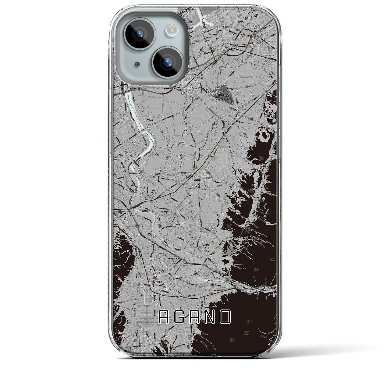【阿賀野(新潟県)】地図柄iPhoneケース(クリアタイプ)モノトーン・iPhone 15 Plus 用