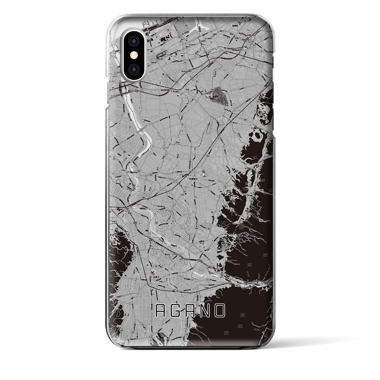 【阿賀野(新潟県)】地図柄iPhoneケース(クリアタイプ)モノトーン・iPhone XS Max 用