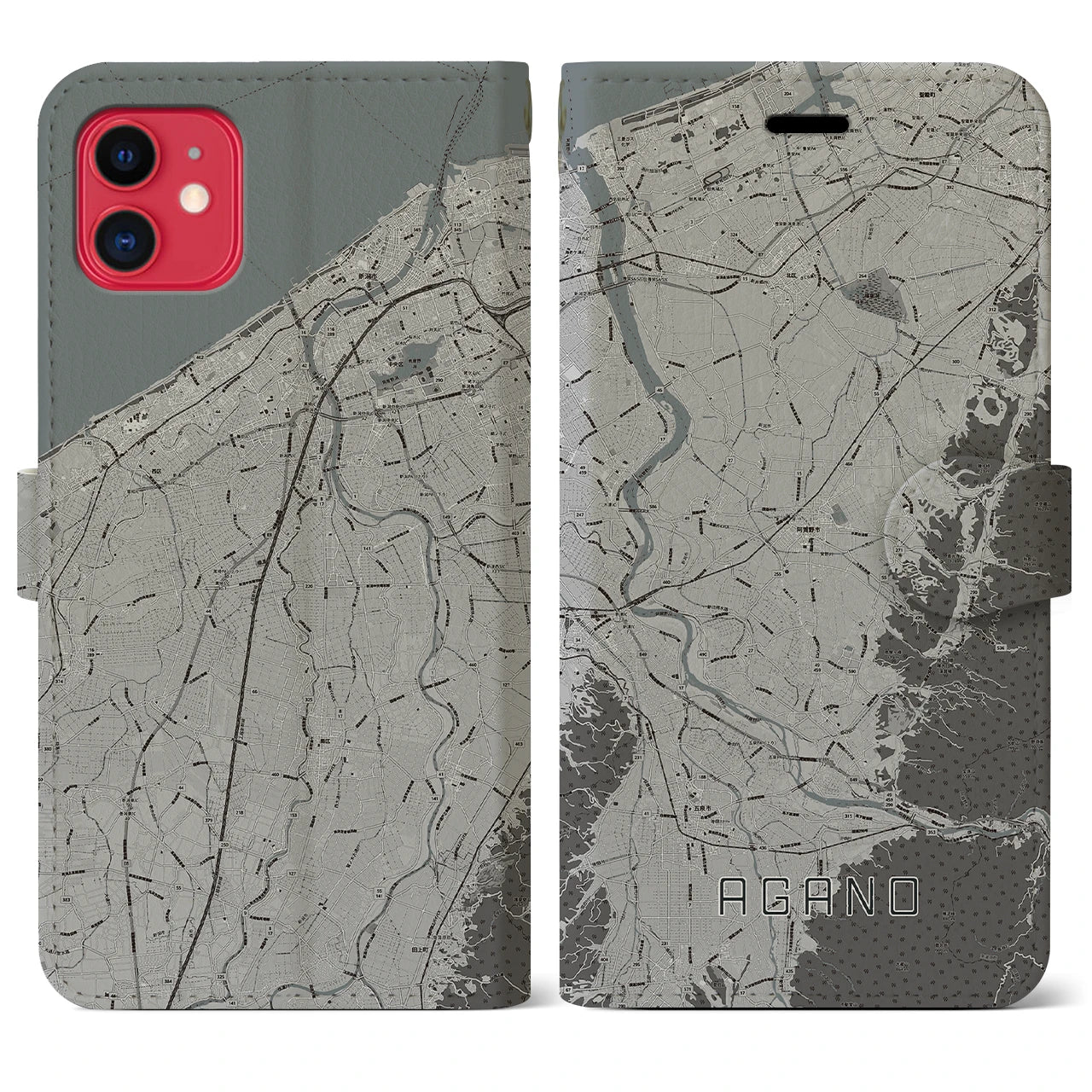 【阿賀野(新潟県)】地図柄iPhoneケース(手帳タイプ)モノトーン・iPhone 11 用