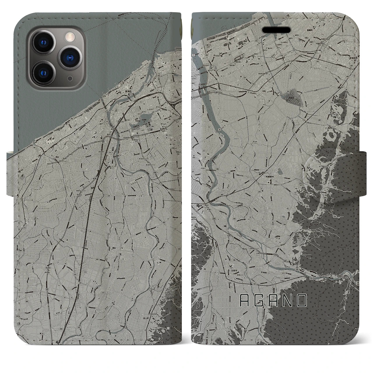 【阿賀野(新潟県)】地図柄iPhoneケース(手帳タイプ)モノトーン・iPhone 11 Pro Max 用