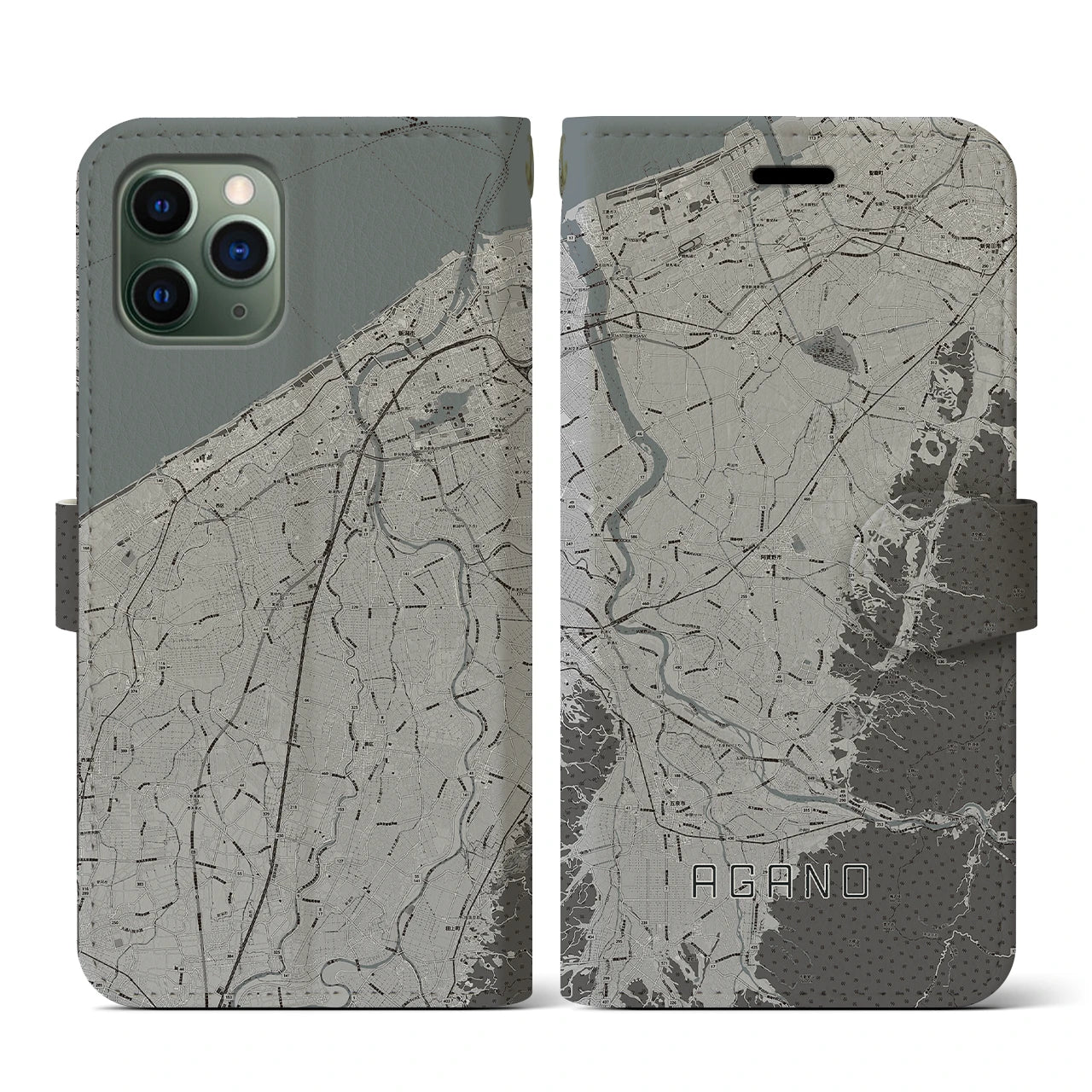 【阿賀野(新潟県)】地図柄iPhoneケース(手帳タイプ)モノトーン・iPhone 11 Pro 用
