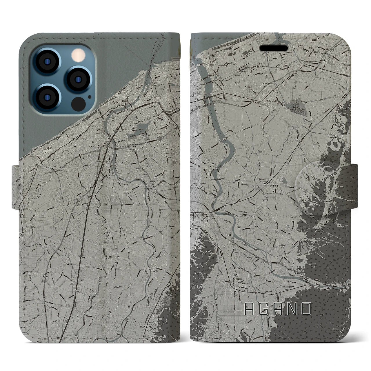 【阿賀野(新潟県)】地図柄iPhoneケース(手帳タイプ)モノトーン・iPhone 12 / 12 Pro 用