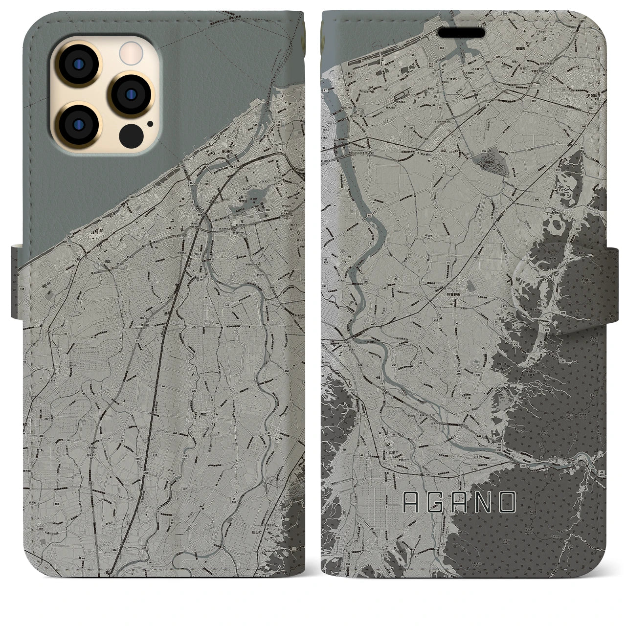 【阿賀野(新潟県)】地図柄iPhoneケース(手帳タイプ)モノトーン・iPhone 12 Pro Max 用