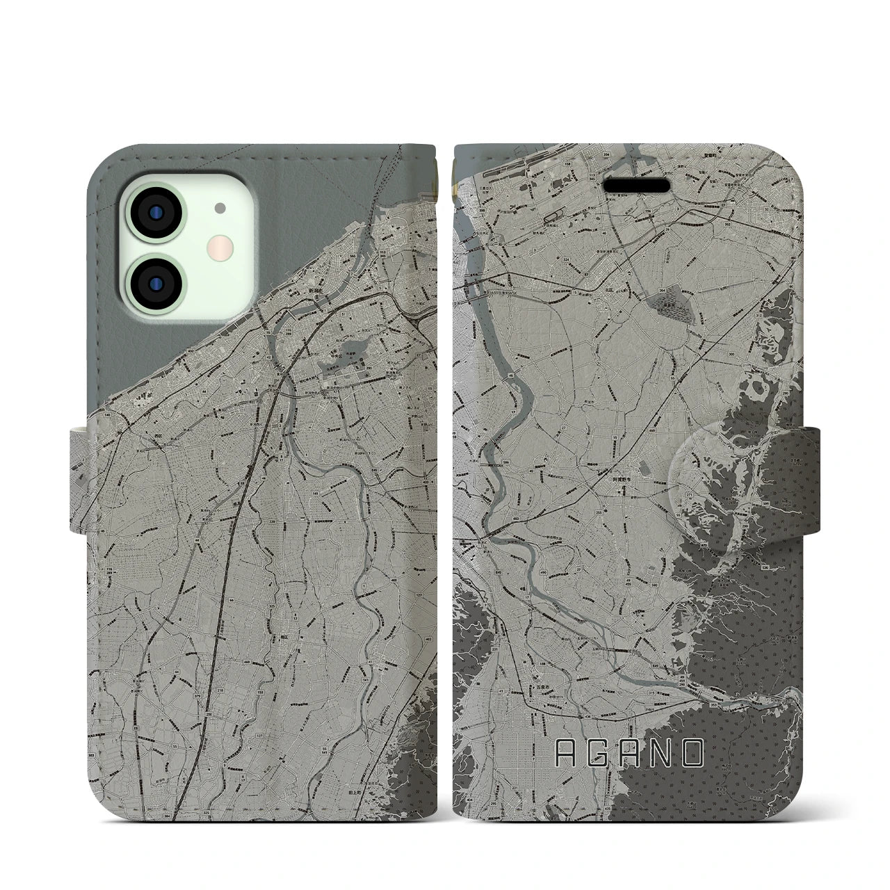 【阿賀野(新潟県)】地図柄iPhoneケース(手帳タイプ)モノトーン・iPhone 12 mini 用