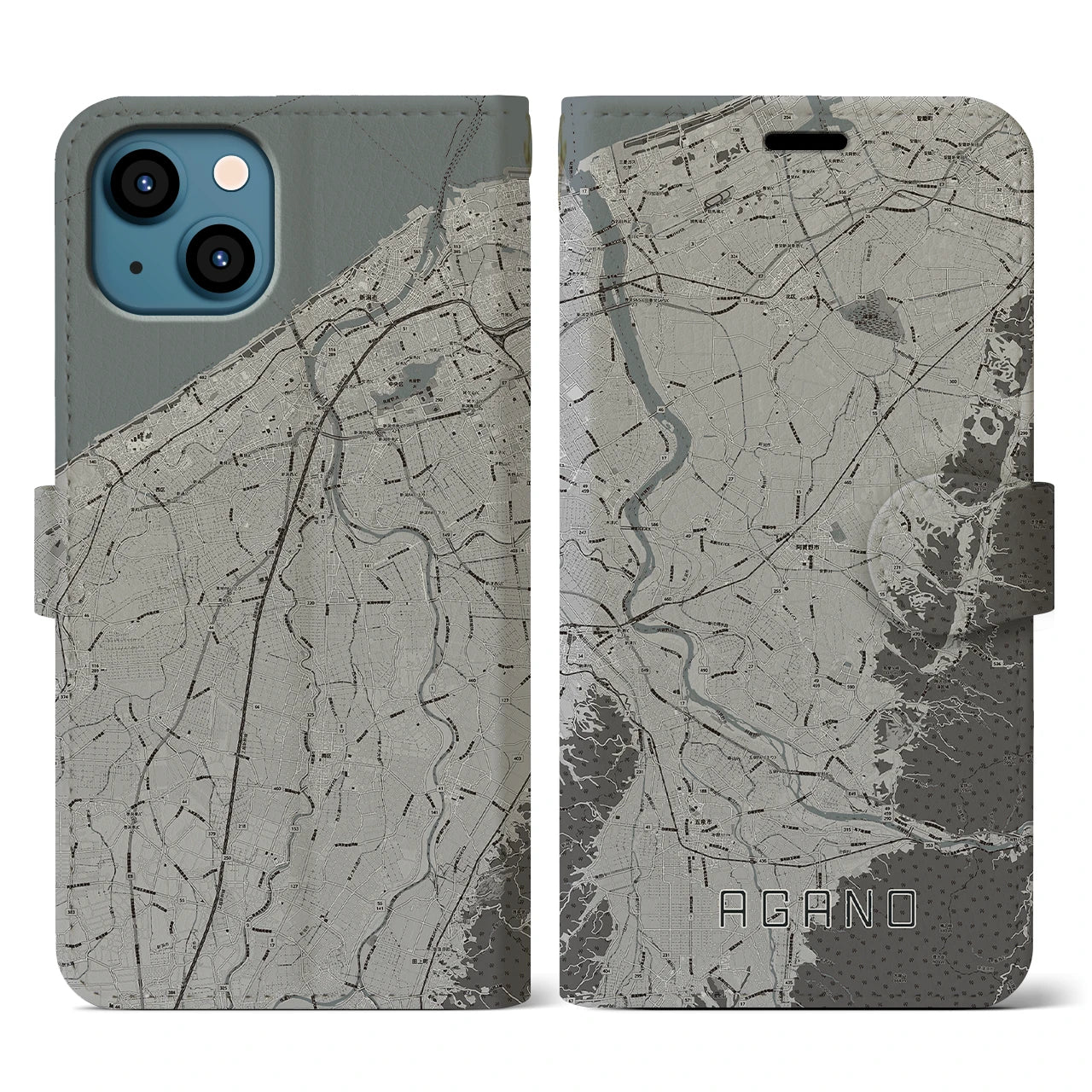 【阿賀野(新潟県)】地図柄iPhoneケース(手帳タイプ)モノトーン・iPhone 13 用