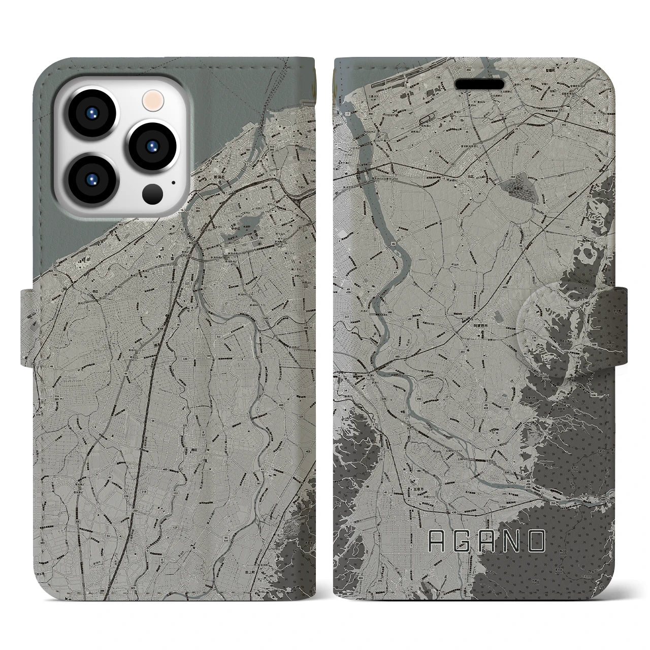 【阿賀野(新潟県)】地図柄iPhoneケース(手帳タイプ)モノトーン・iPhone 13 Pro 用