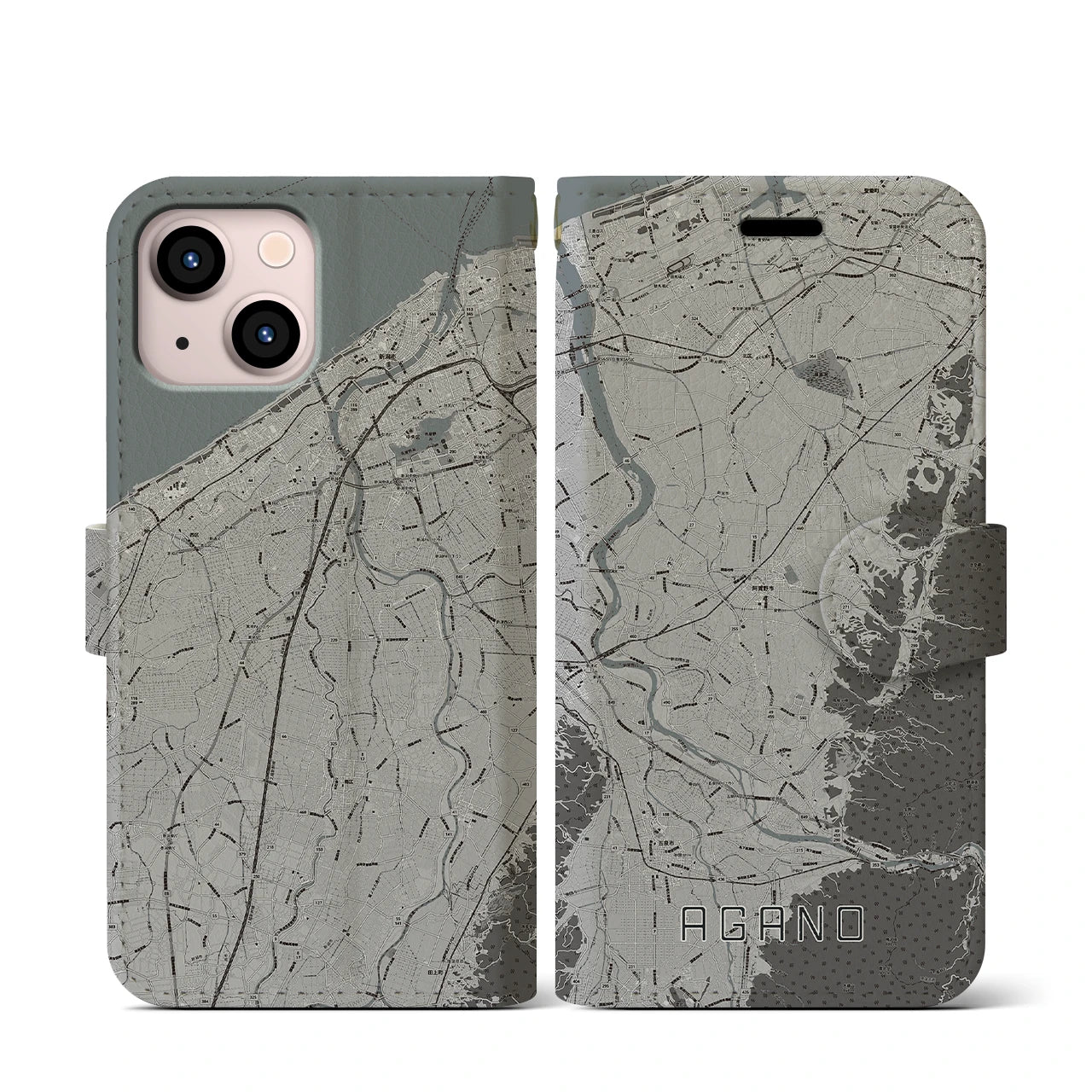 【阿賀野(新潟県)】地図柄iPhoneケース(手帳タイプ)モノトーン・iPhone 13 mini 用