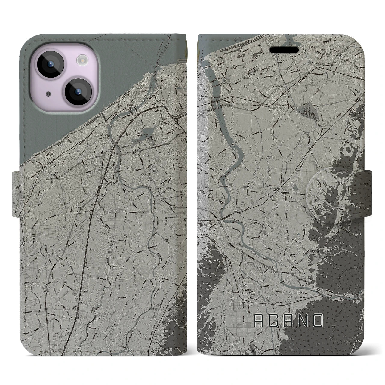 【阿賀野(新潟県)】地図柄iPhoneケース(手帳タイプ)モノトーン・iPhone 14 用
