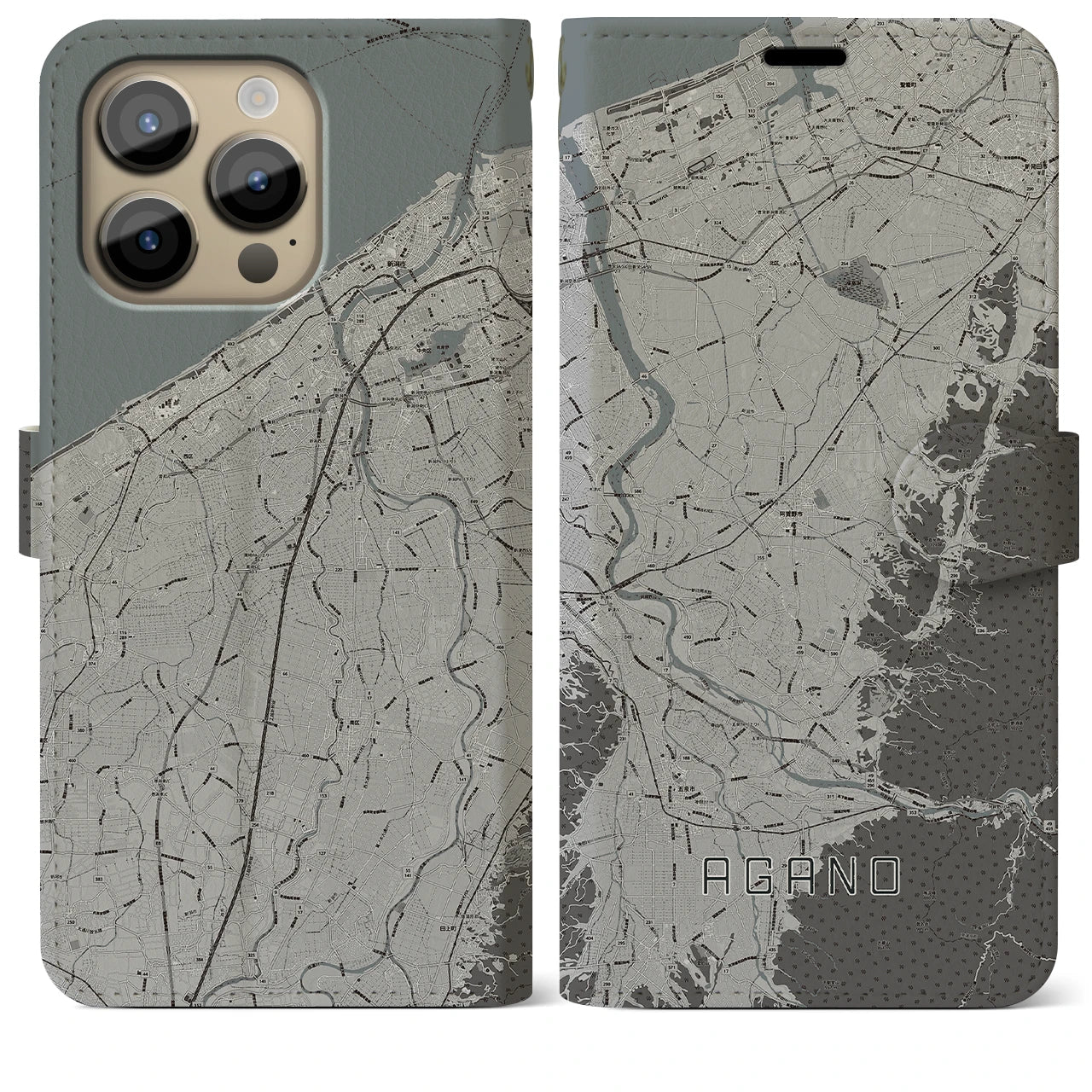 【阿賀野(新潟県)】地図柄iPhoneケース(手帳タイプ)モノトーン・iPhone 14 Pro Max 用