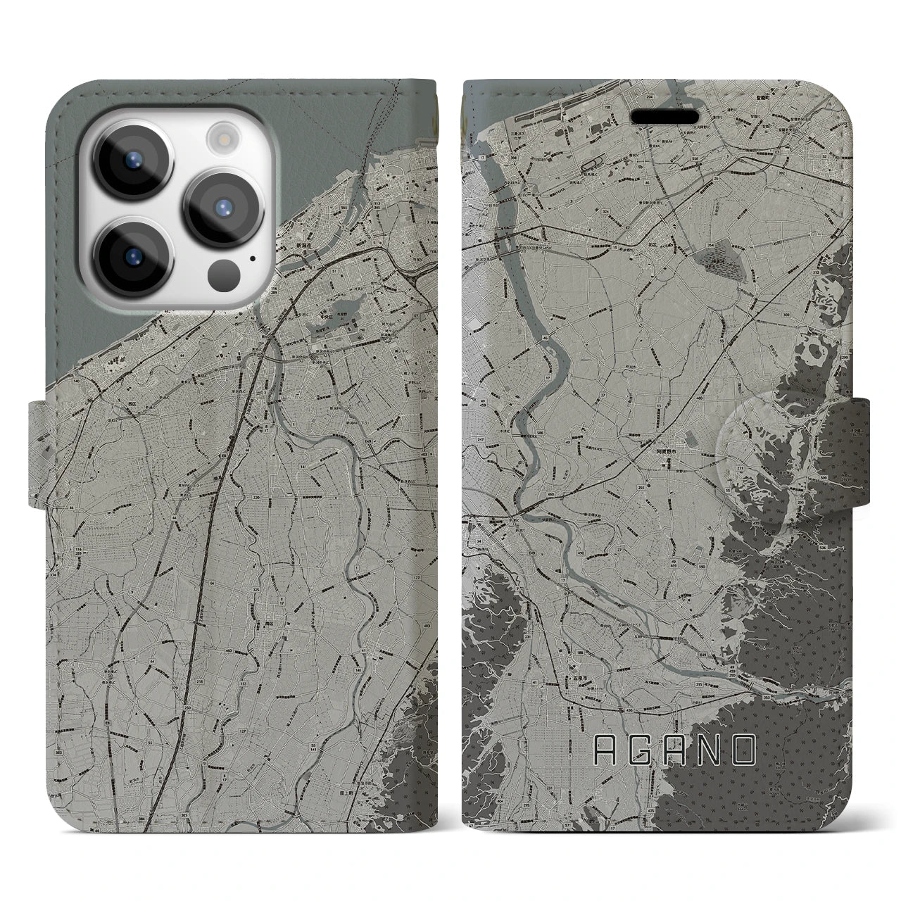 【阿賀野(新潟県)】地図柄iPhoneケース(手帳タイプ)モノトーン・iPhone 14 Pro 用