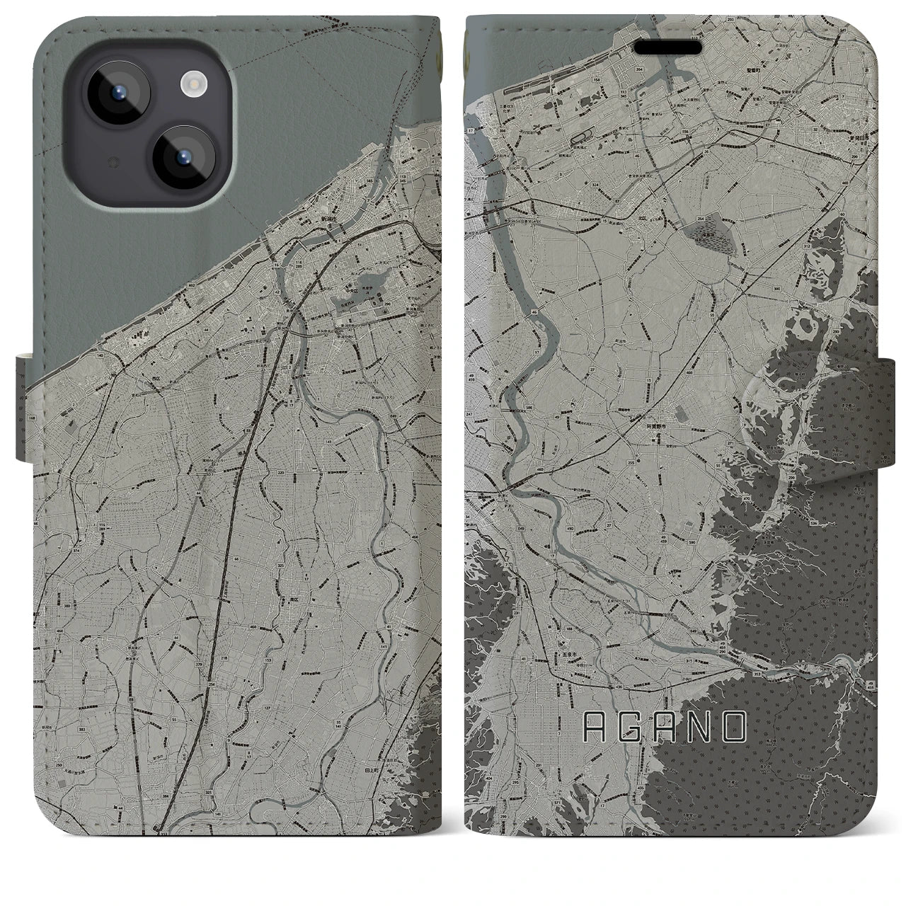 【阿賀野(新潟県)】地図柄iPhoneケース(手帳タイプ)モノトーン・iPhone 14 Plus 用