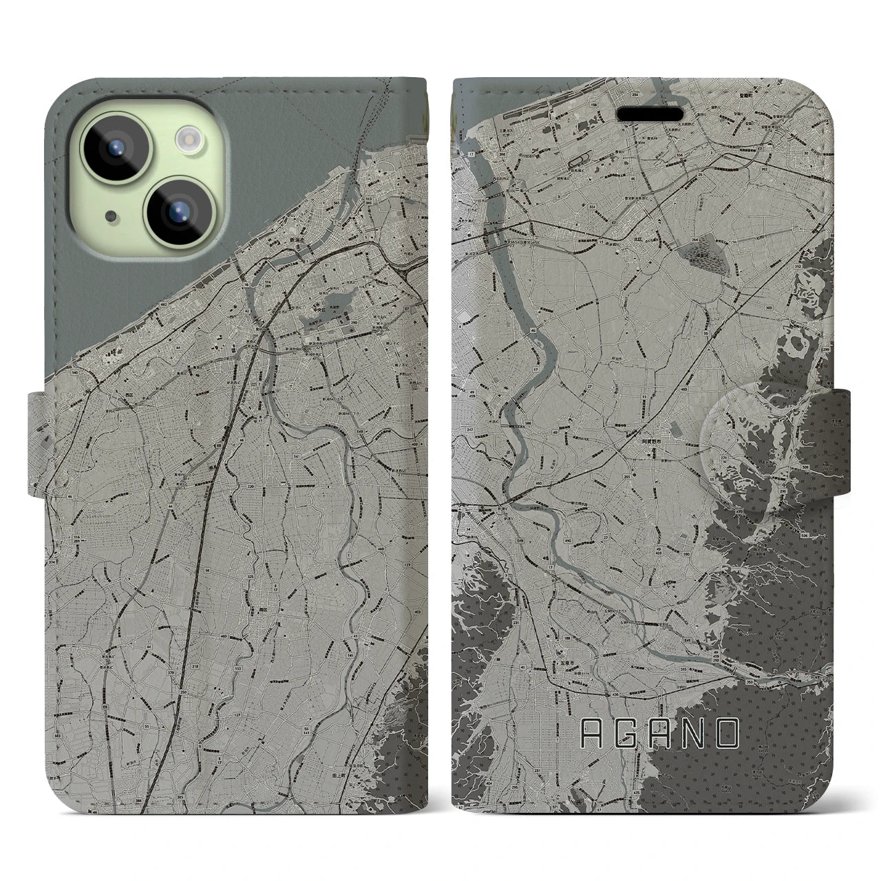 【阿賀野(新潟県)】地図柄iPhoneケース(手帳タイプ)モノトーン・iPhone 15 用