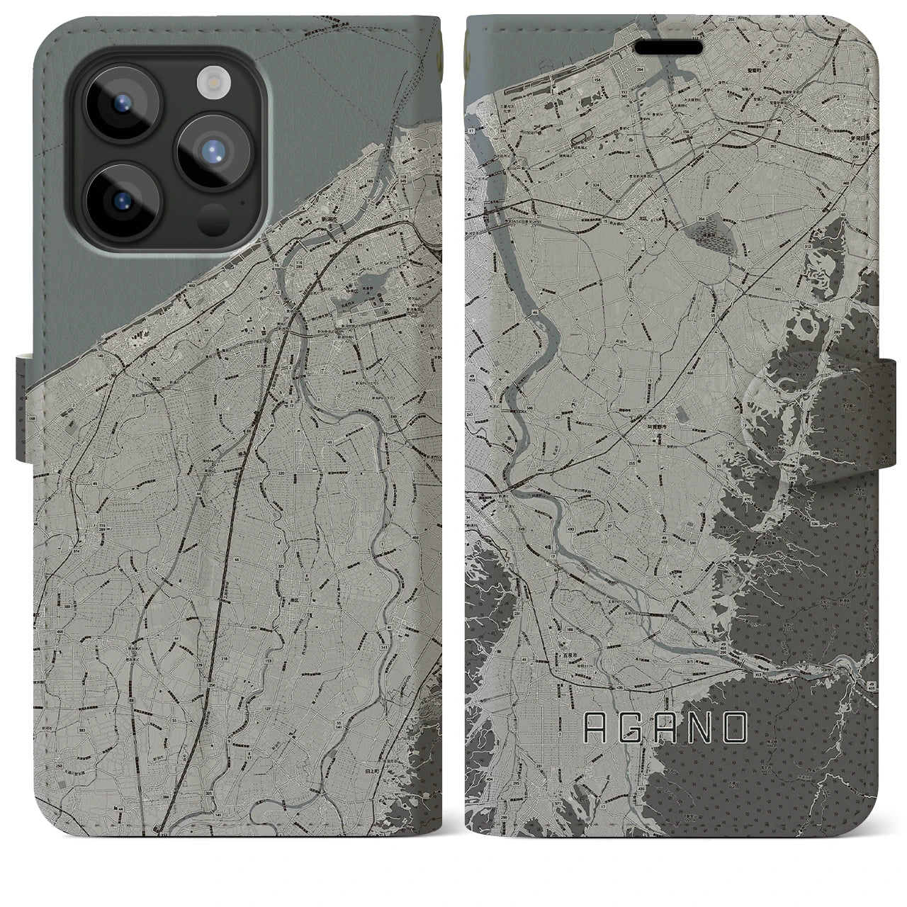 【阿賀野(新潟県)】地図柄iPhoneケース(手帳タイプ)モノトーン・iPhone 15 Pro Max 用