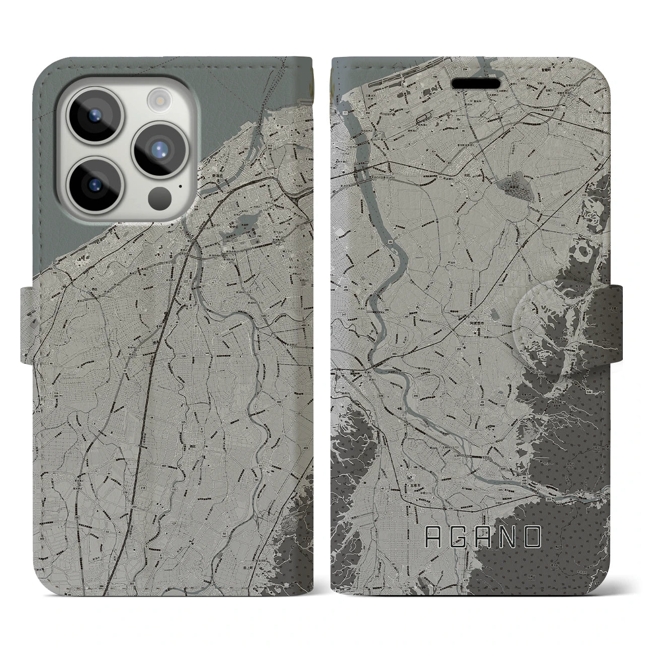 【阿賀野(新潟県)】地図柄iPhoneケース(手帳タイプ)モノトーン・iPhone 15 Pro 用