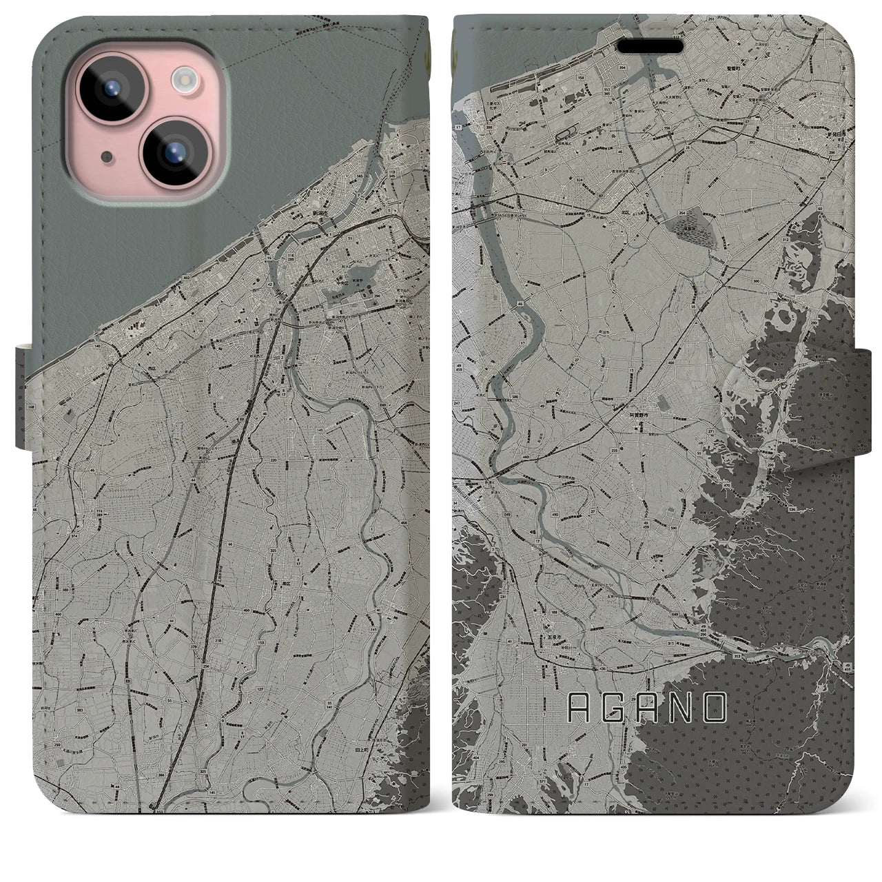 【阿賀野(新潟県)】地図柄iPhoneケース(手帳タイプ)モノトーン・iPhone 15 Plus 用