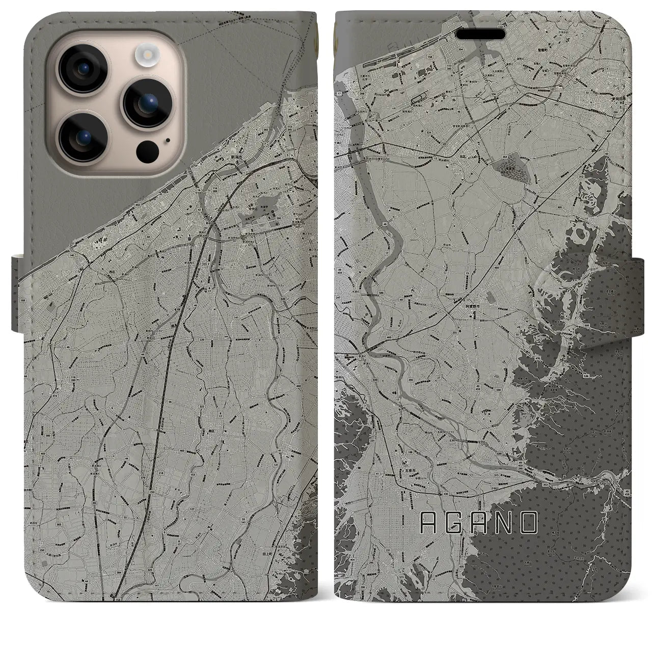 【阿賀野(新潟県)】地図柄iPhoneケース(手帳タイプ)モノトーン・iPhone 16 Plus 用