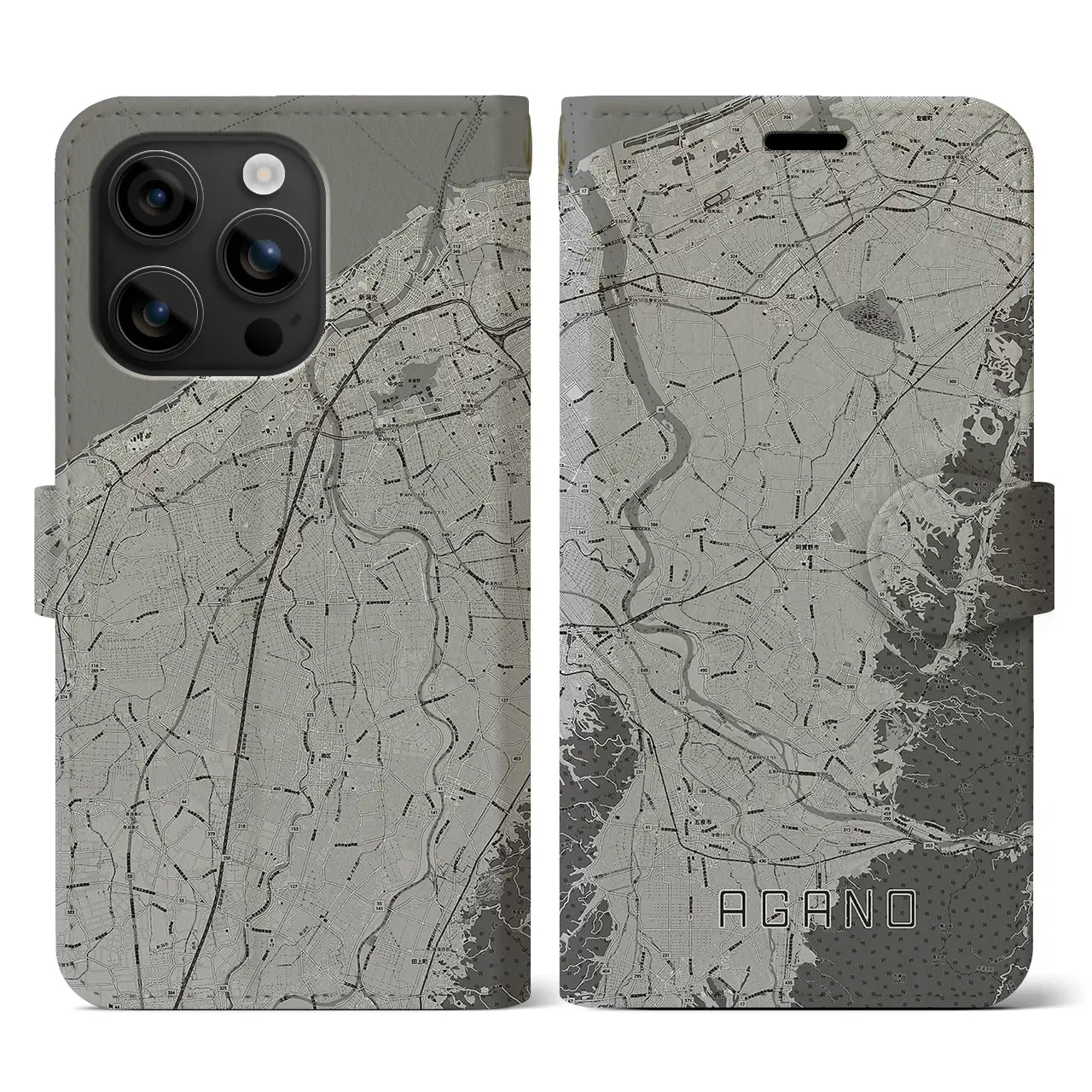【阿賀野(新潟県)】地図柄iPhoneケース(手帳タイプ)モノトーン・iPhone 16 用