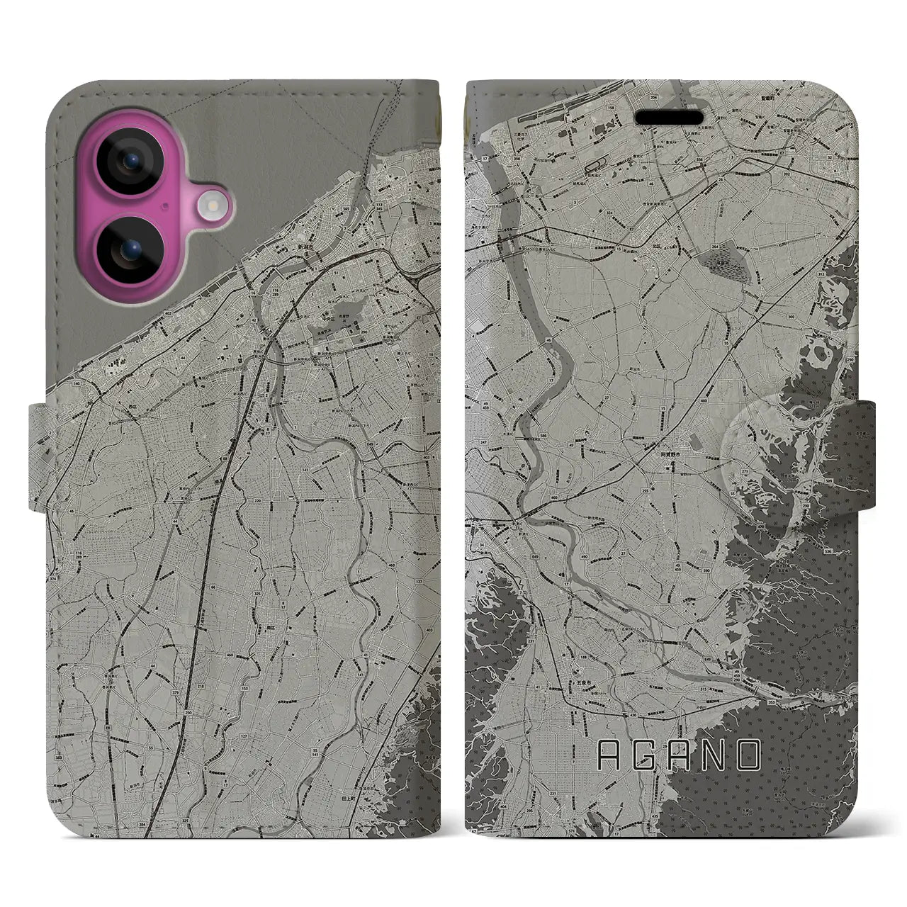 【阿賀野(新潟県)】地図柄iPhoneケース(手帳タイプ)モノトーン・iPhone 16 Pro 用
