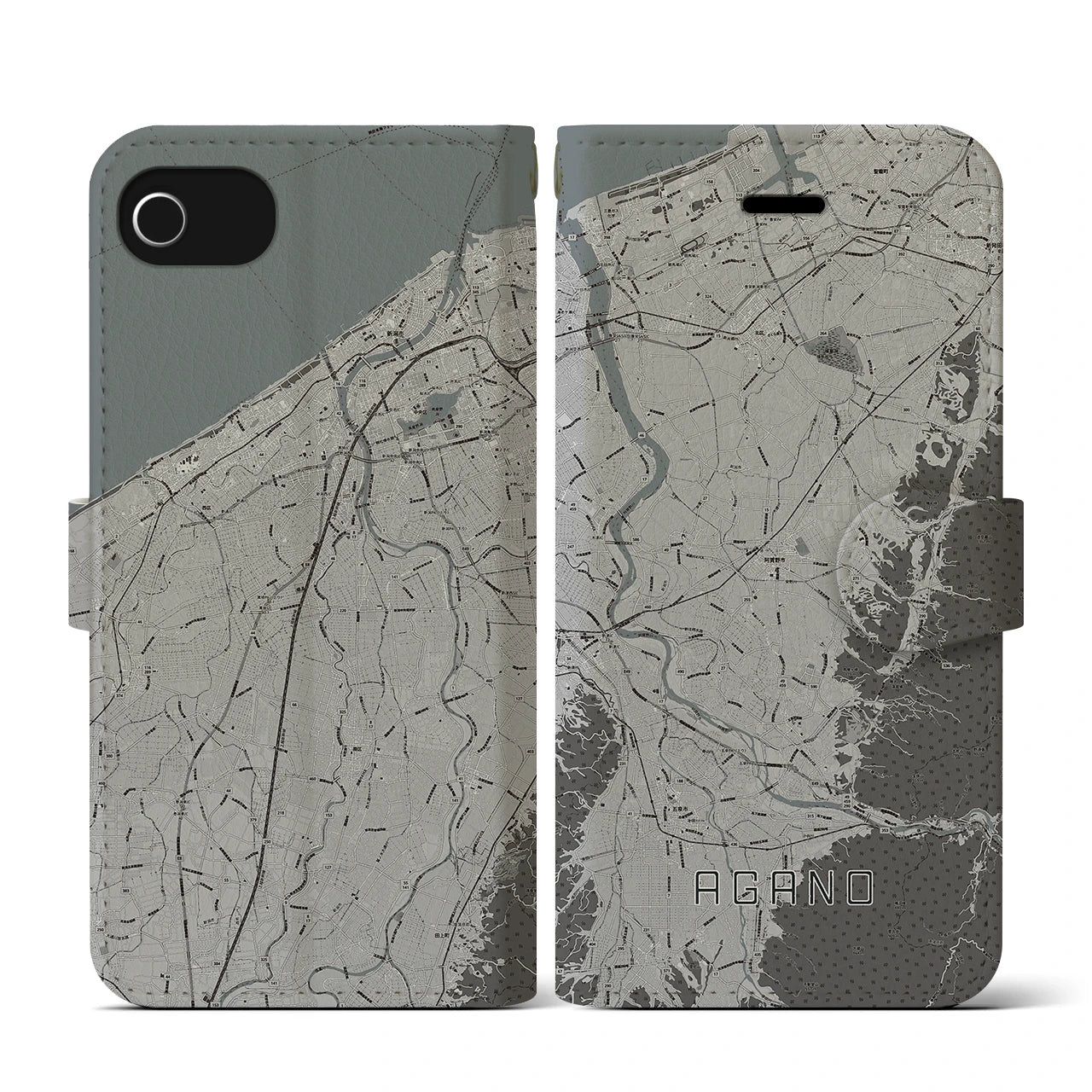 【阿賀野(新潟県)】地図柄iPhoneケース(手帳タイプ)モノトーン・iPhone SE(第3 / 第2世代) / 8 / 7 / 6s / 6 用
