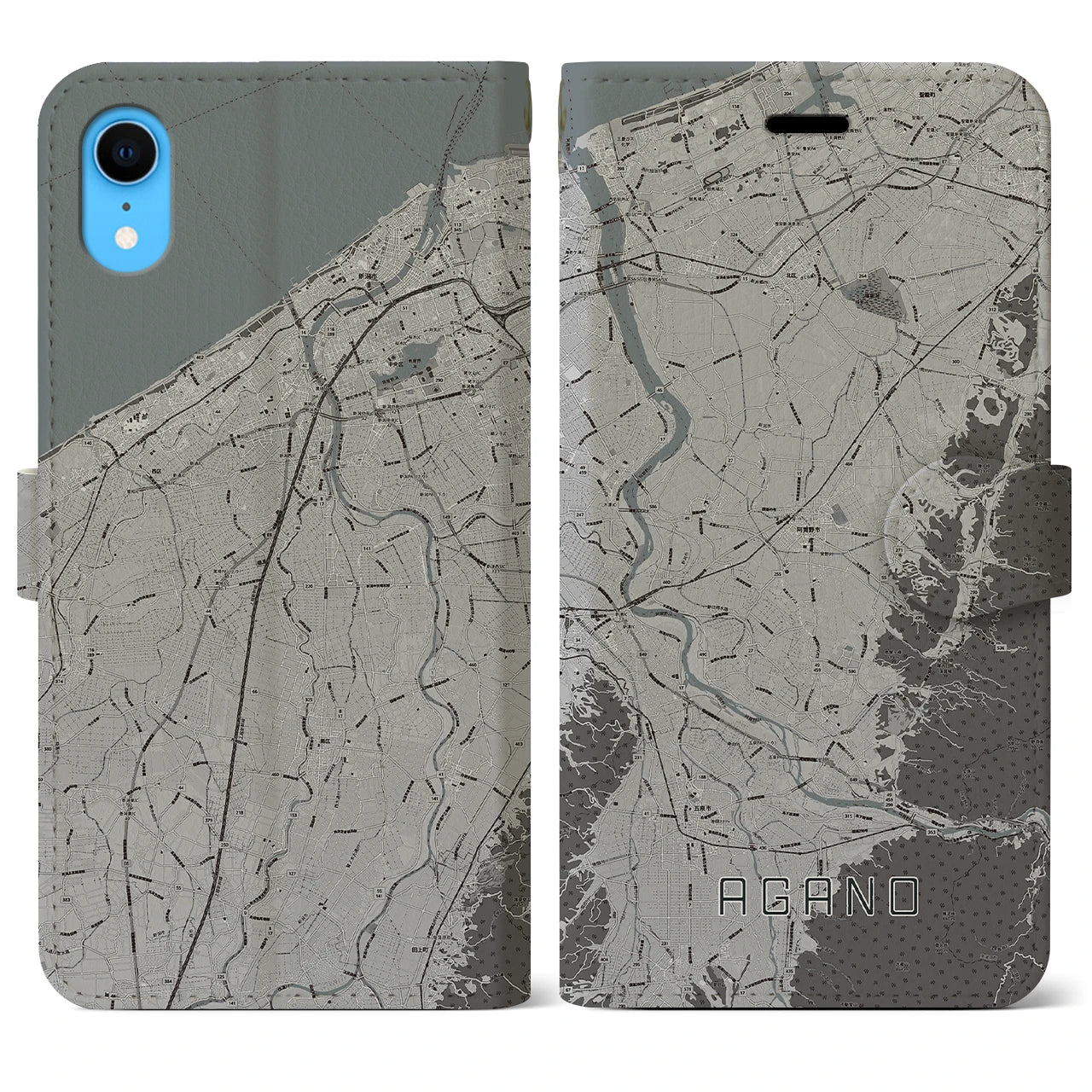 【阿賀野(新潟県)】地図柄iPhoneケース(手帳タイプ)モノトーン・iPhone XR 用