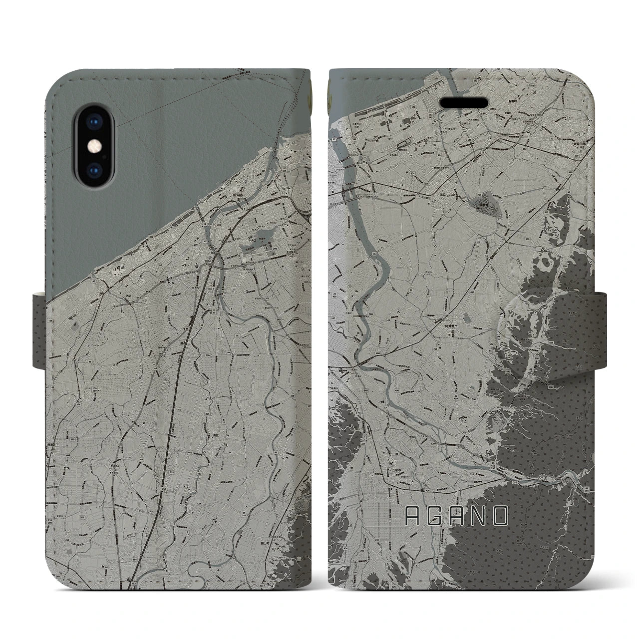 【阿賀野(新潟県)】地図柄iPhoneケース(手帳タイプ)モノトーン・iPhone XS / X 用