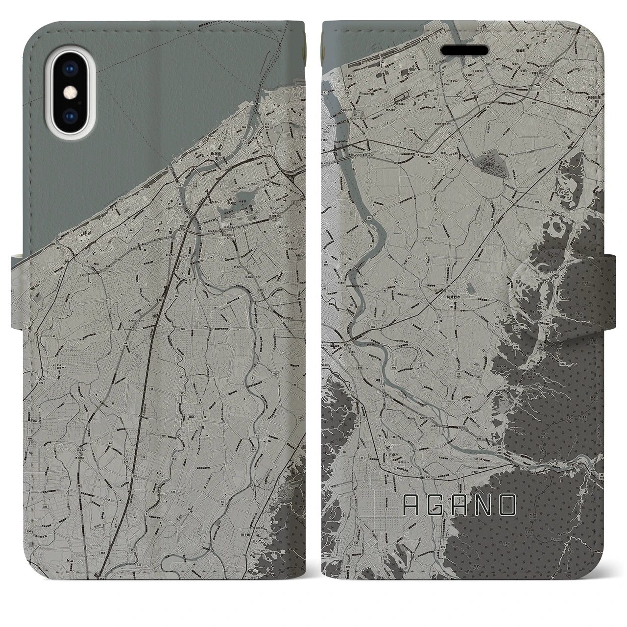 【阿賀野(新潟県)】地図柄iPhoneケース(手帳タイプ)モノトーン・iPhone XS Max 用