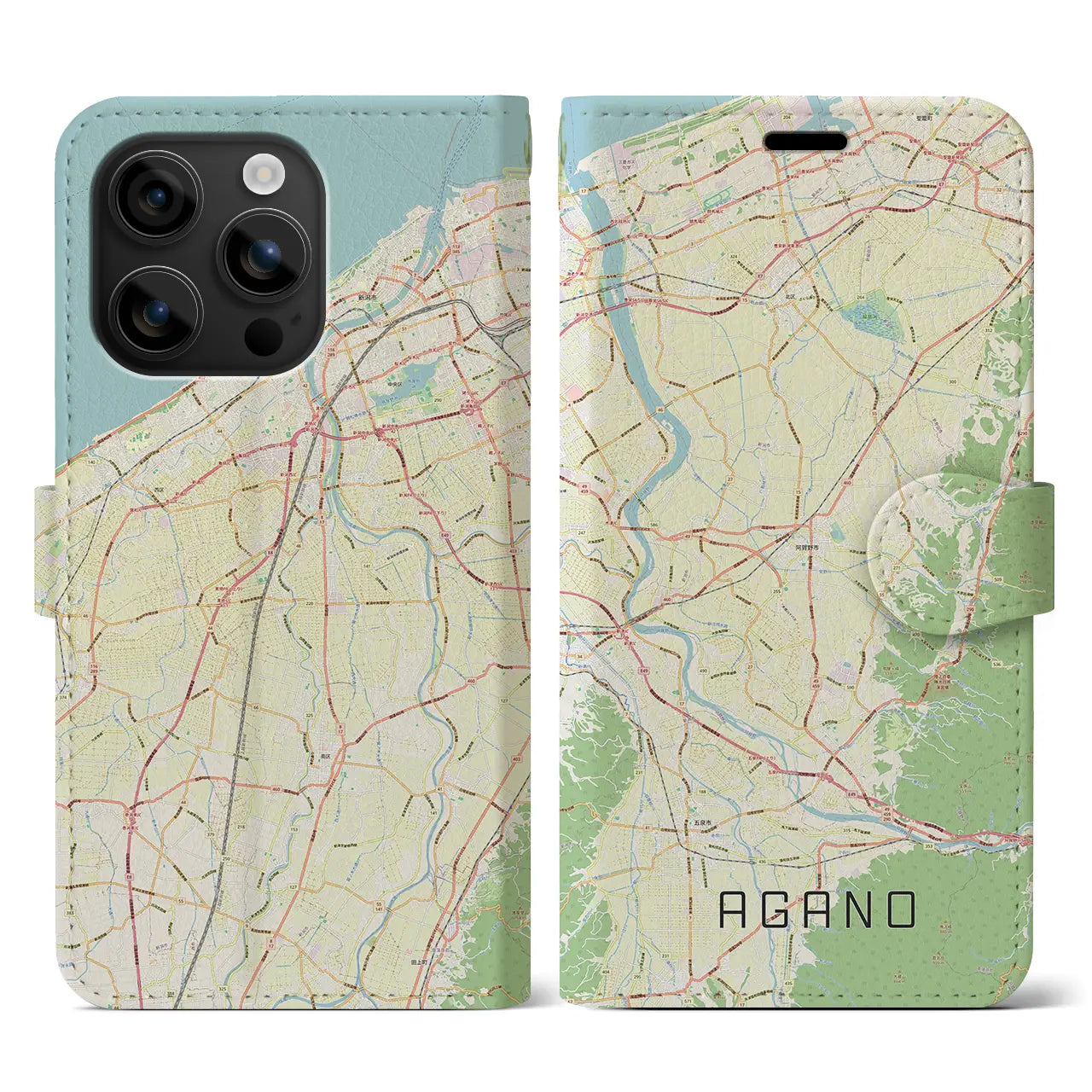 【阿賀野(新潟県)】地図柄iPhoneケース(手帳タイプ)ナチュラル・iPhone 16 用
